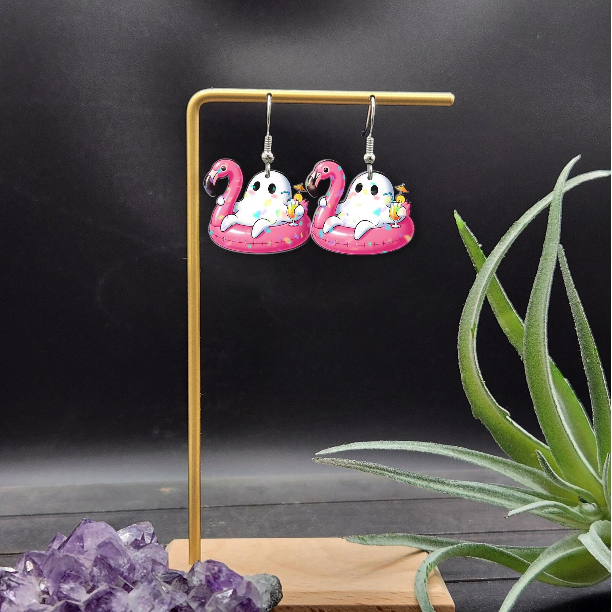 Flamingo Pool Float Ghost Earrings | Summer Spooky Dangle Jewelry | Cute Halloween Vacation Earrings | Funny Gift for Her, Summerween Ghost