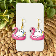 Flamingo Pool Float Ghost Earrings | Summer Spooky Dangle Jewelry | Cute Halloween Vacation Earrings | Funny Gift for Her, Summerween Ghost
