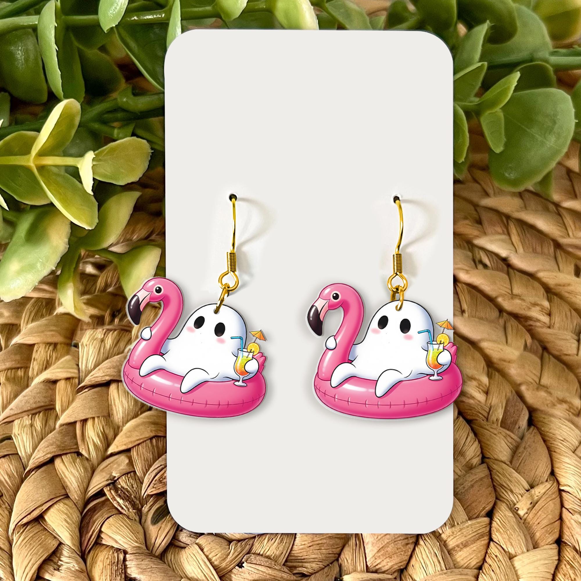Flamingo Pool Float Ghost Earrings | Summer Spooky Dangle Jewelry | Cute Halloween Vacation Earrings | Funny Gift for Her, Summerween Ghost