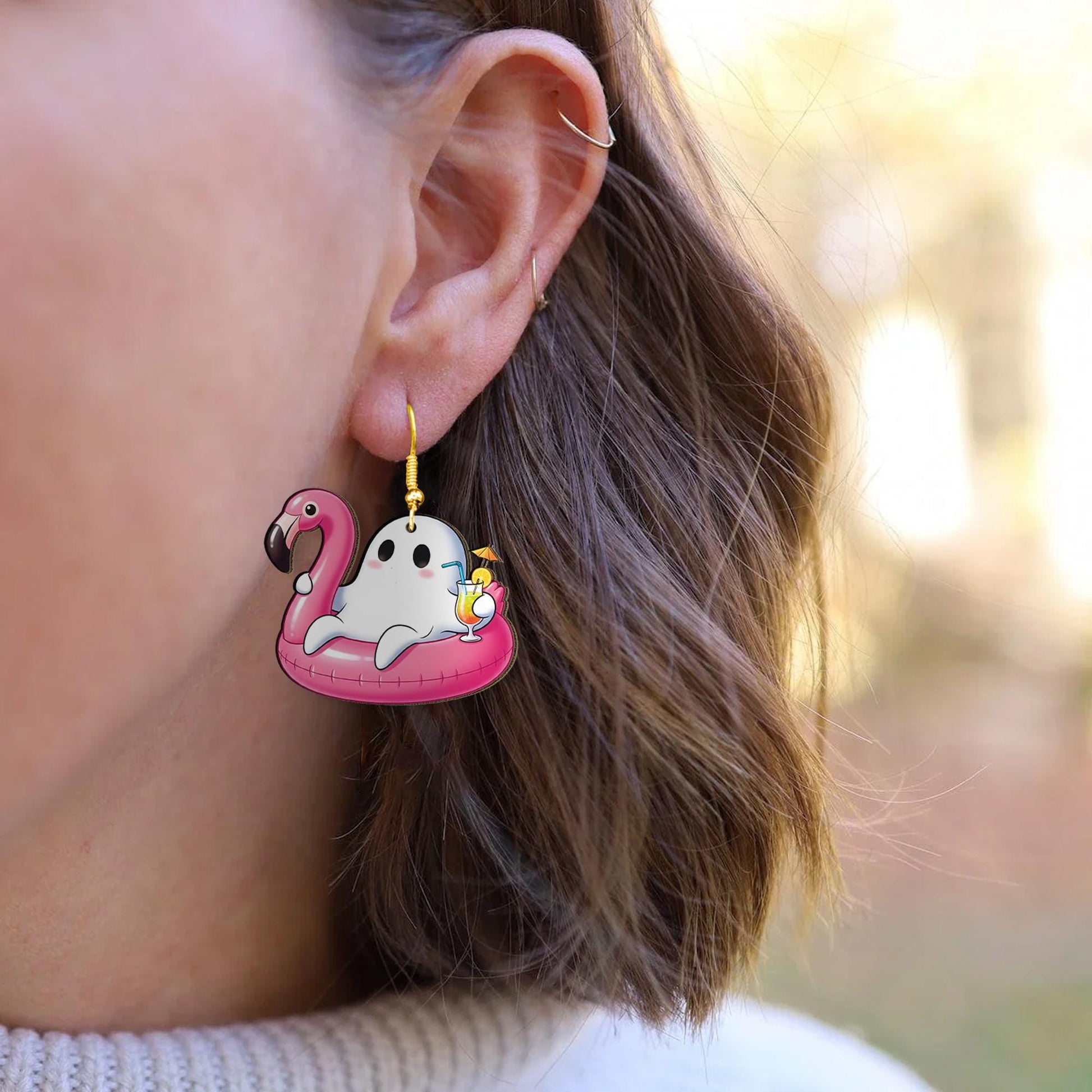 Flamingo Pool Float Ghost Earrings | Summer Spooky Dangle Jewelry | Cute Halloween Vacation Earrings | Funny Gift for Her, Summerween Ghost