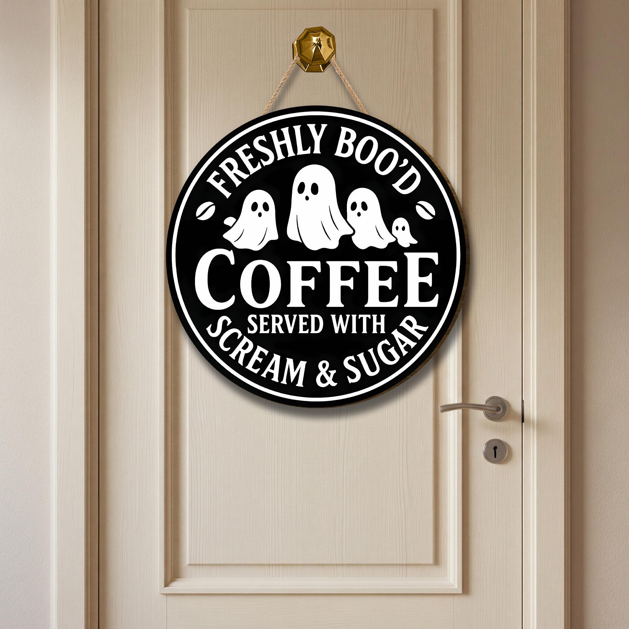 Freshly Boo’d Coffee Sign, Halloween Coffee Bar Decor, Ghost Kitchen Wall Art, Funny Wooden Scream & Sugar Sign, Spooky Café Gift
