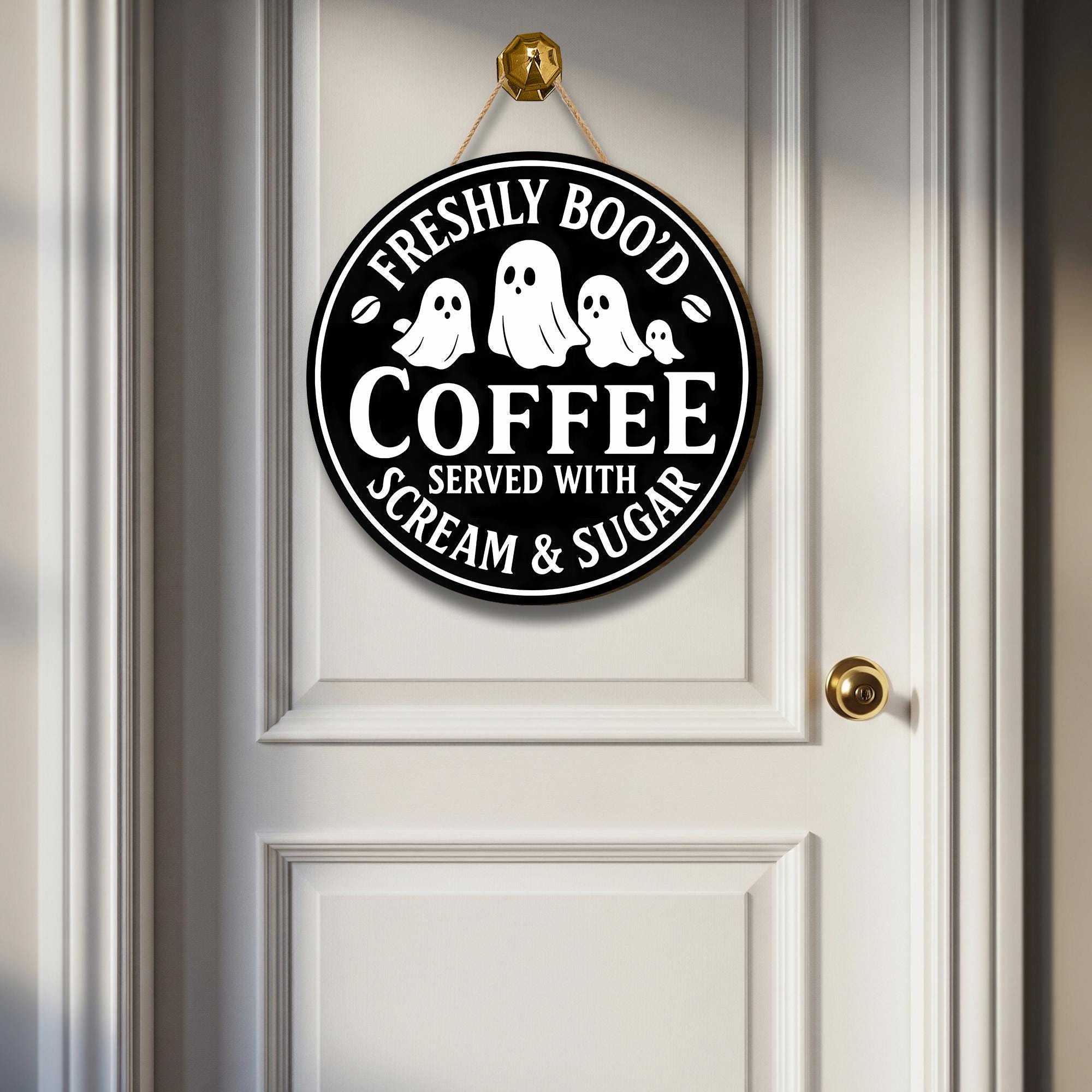 Freshly Boo’d Coffee Sign, Halloween Coffee Bar Decor, Ghost Kitchen Wall Art, Funny Wooden Scream & Sugar Sign, Spooky Café Gift