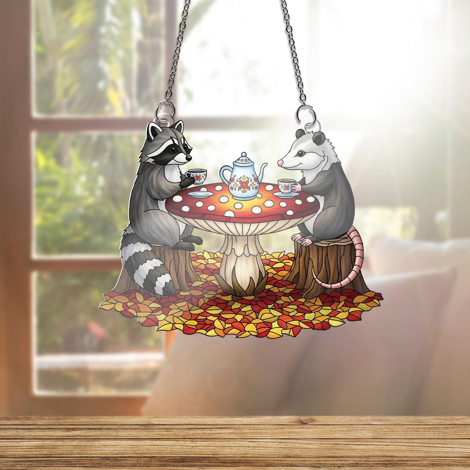 Cute Raccoon Possum Tea Party Suncatcher, Autumn Window Hanging, Woodland Animal Decor, Fall Cottagecore Gift