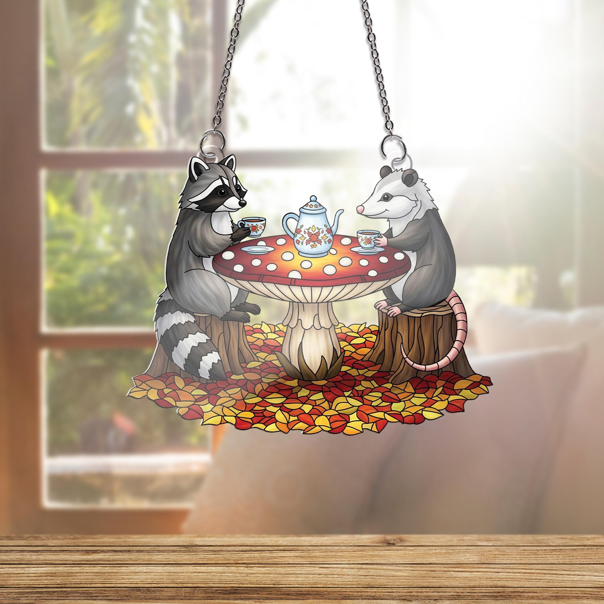 Cute Raccoon Possum Tea Party Suncatcher, Autumn Window Hanging, Woodland Animal Decor, Fall Cottagecore Gift