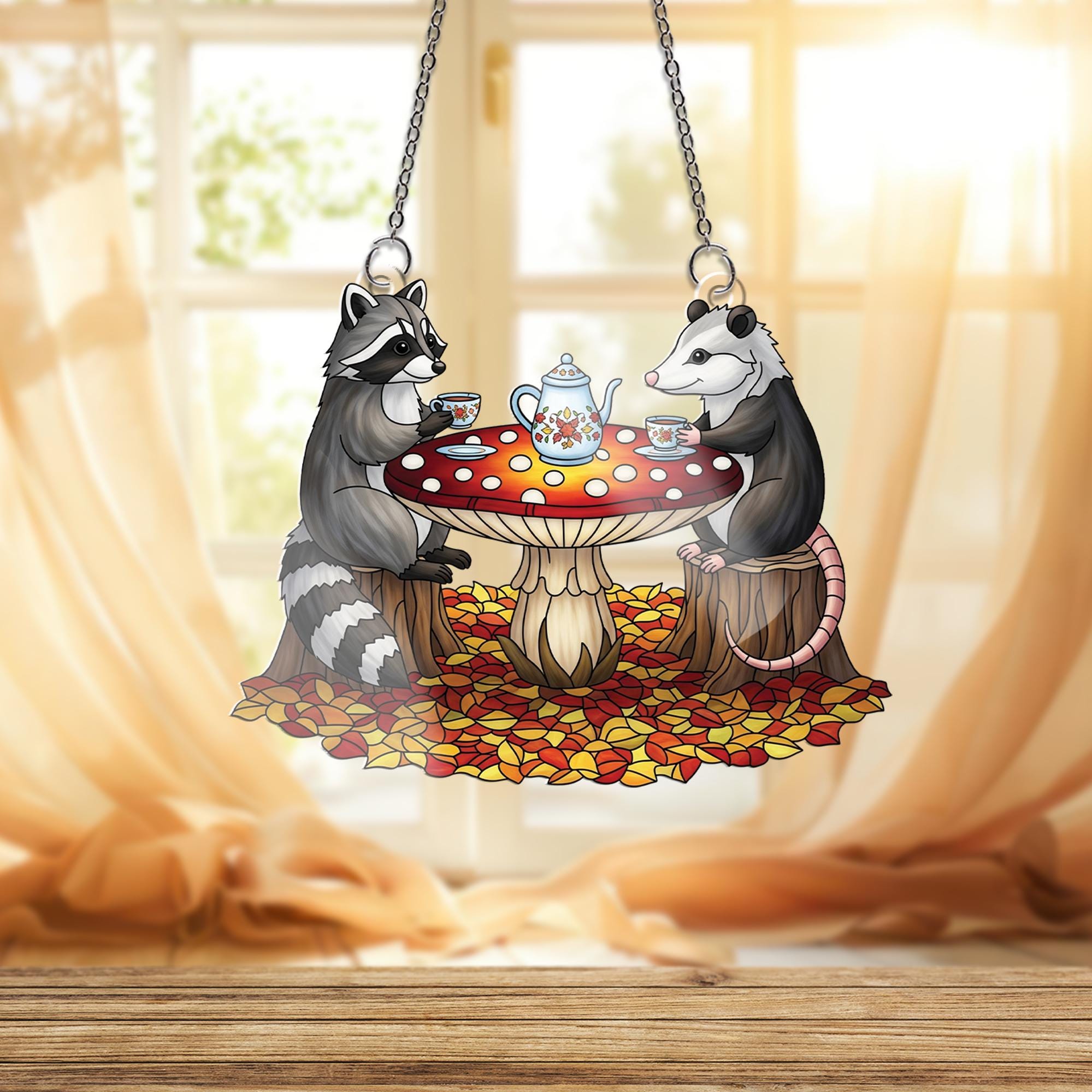 Cute Raccoon Possum Tea Party Suncatcher, Autumn Window Hanging, Woodland Animal Decor, Fall Cottagecore Gift