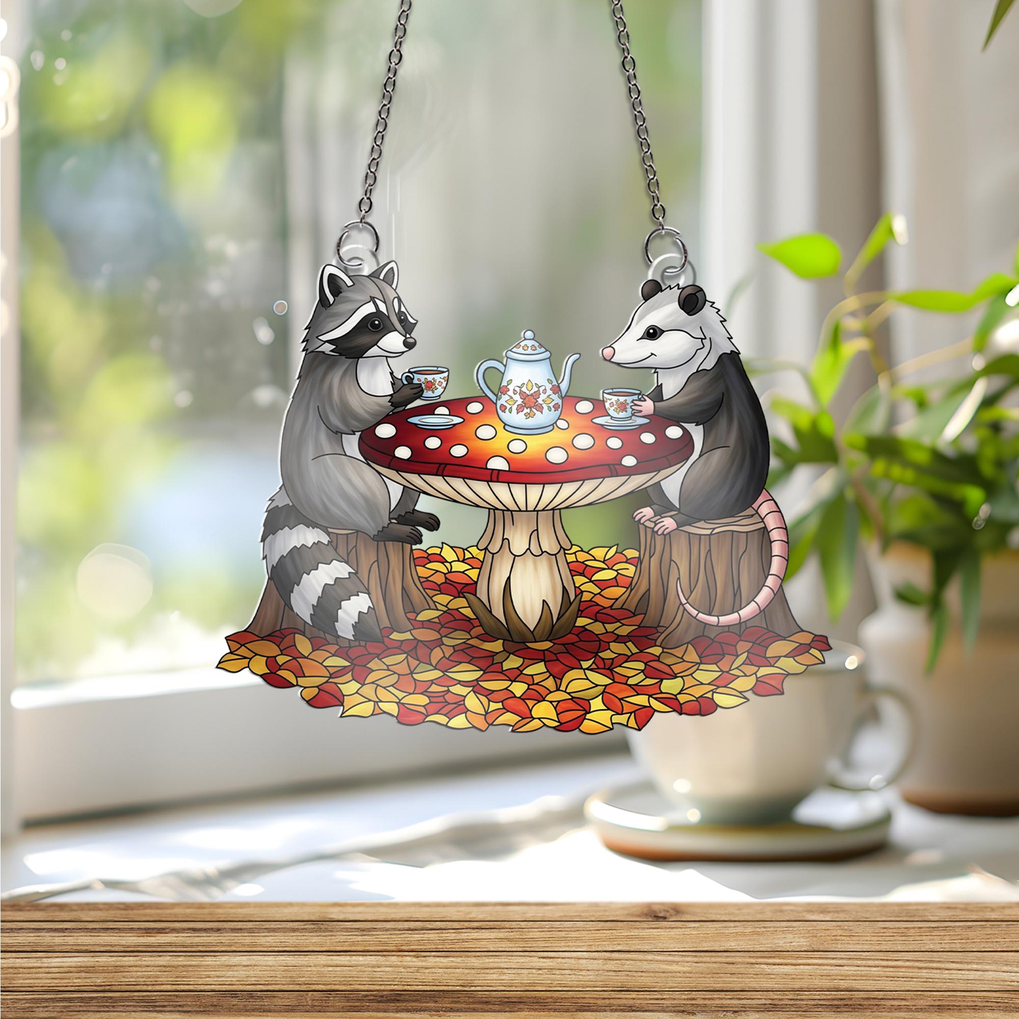 Cute Raccoon Possum Tea Party Suncatcher, Autumn Window Hanging, Woodland Animal Decor, Fall Cottagecore Gift