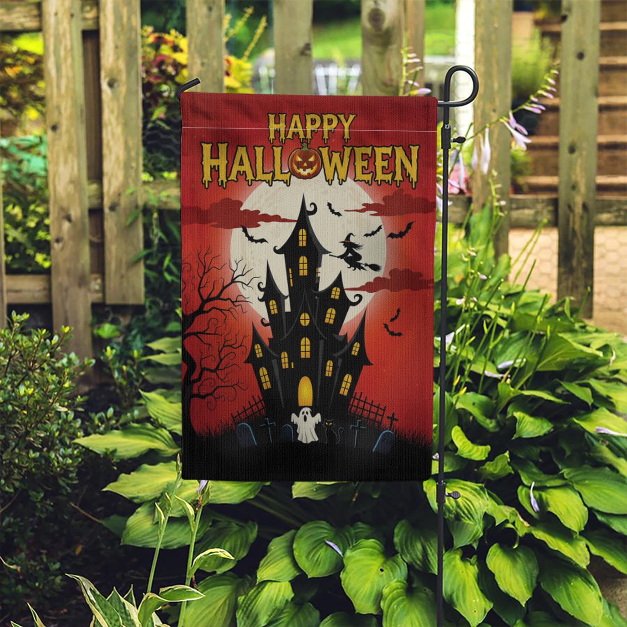 Happy Halloween Garden Flag, Haunted House Spooky Decor, Witch & Bats Yard Banner, Full Moon Outdoor Flag