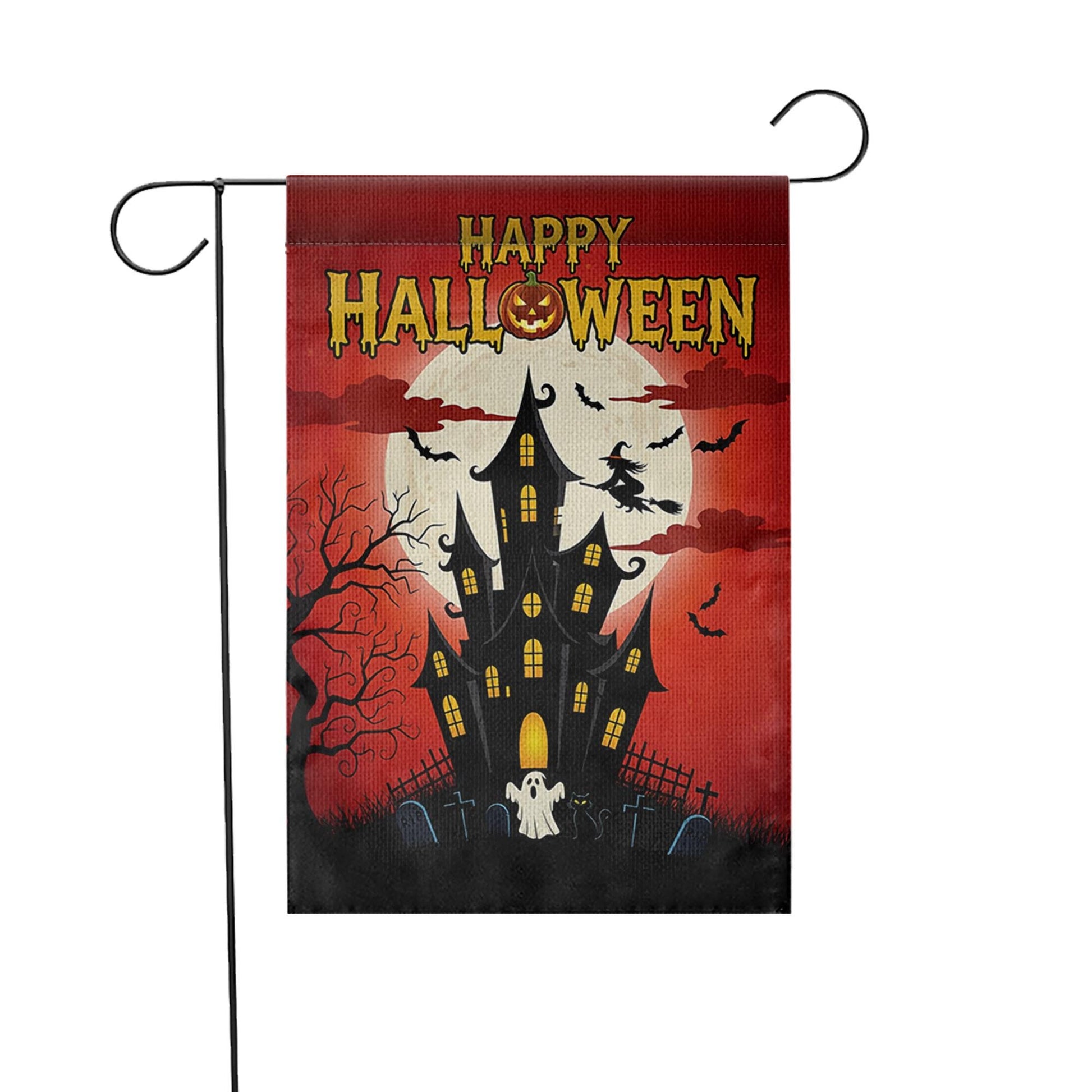 Happy Halloween Garden Flag, Haunted House Spooky Decor, Witch & Bats Yard Banner, Full Moon Outdoor Flag