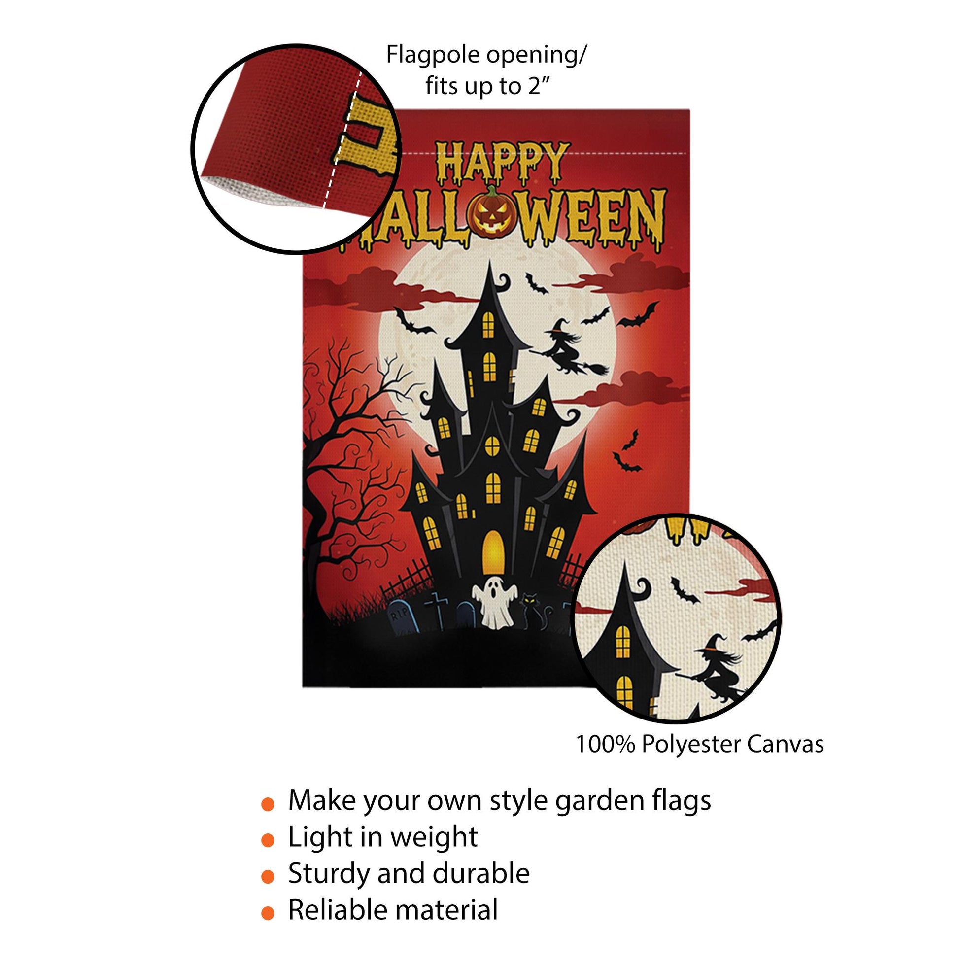 Happy Halloween Garden Flag, Haunted House Spooky Decor, Witch & Bats Yard Banner, Full Moon Outdoor Flag