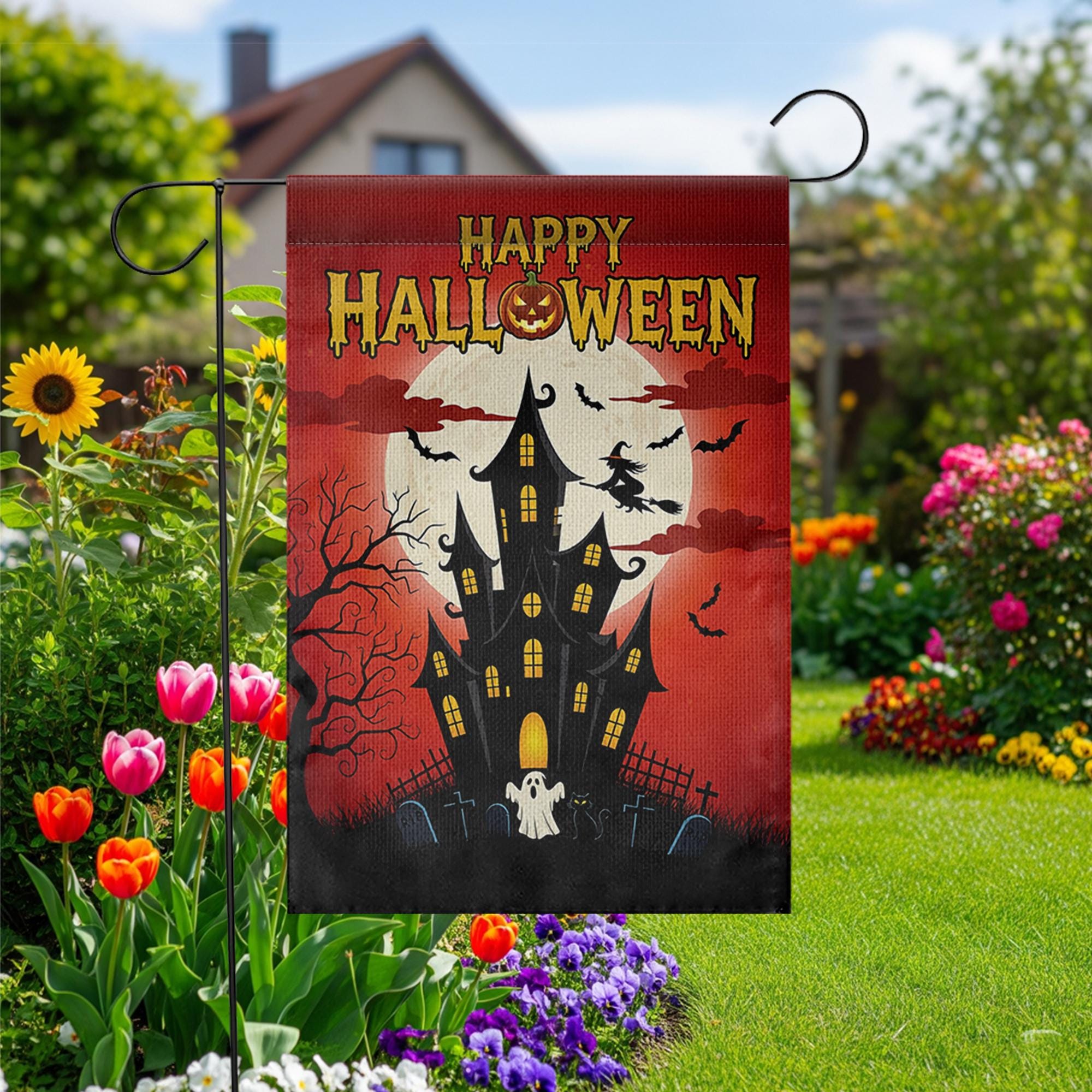 Happy Halloween Garden Flag, Haunted House Spooky Decor, Witch & Bats Yard Banner, Full Moon Outdoor Flag