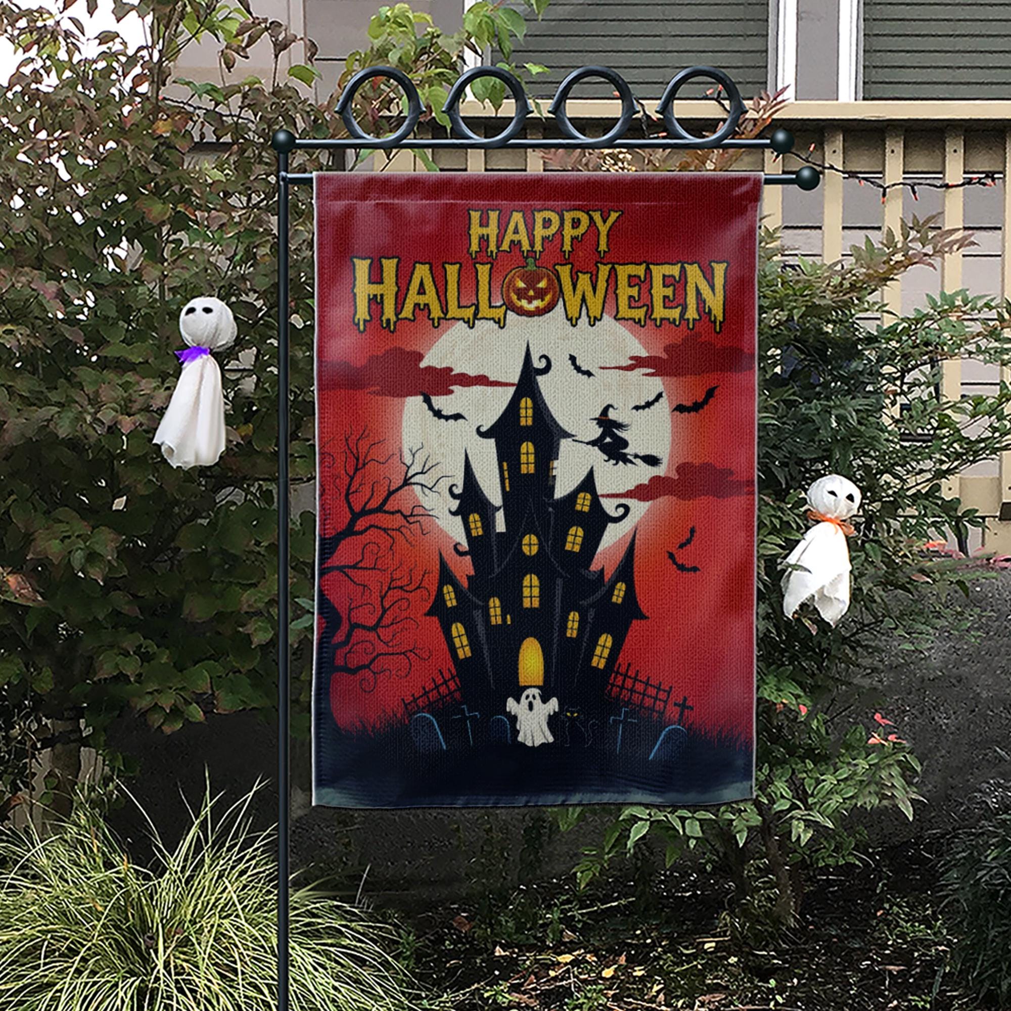 Happy Halloween Garden Flag, Haunted House Spooky Decor, Witch & Bats Yard Banner, Full Moon Outdoor Flag