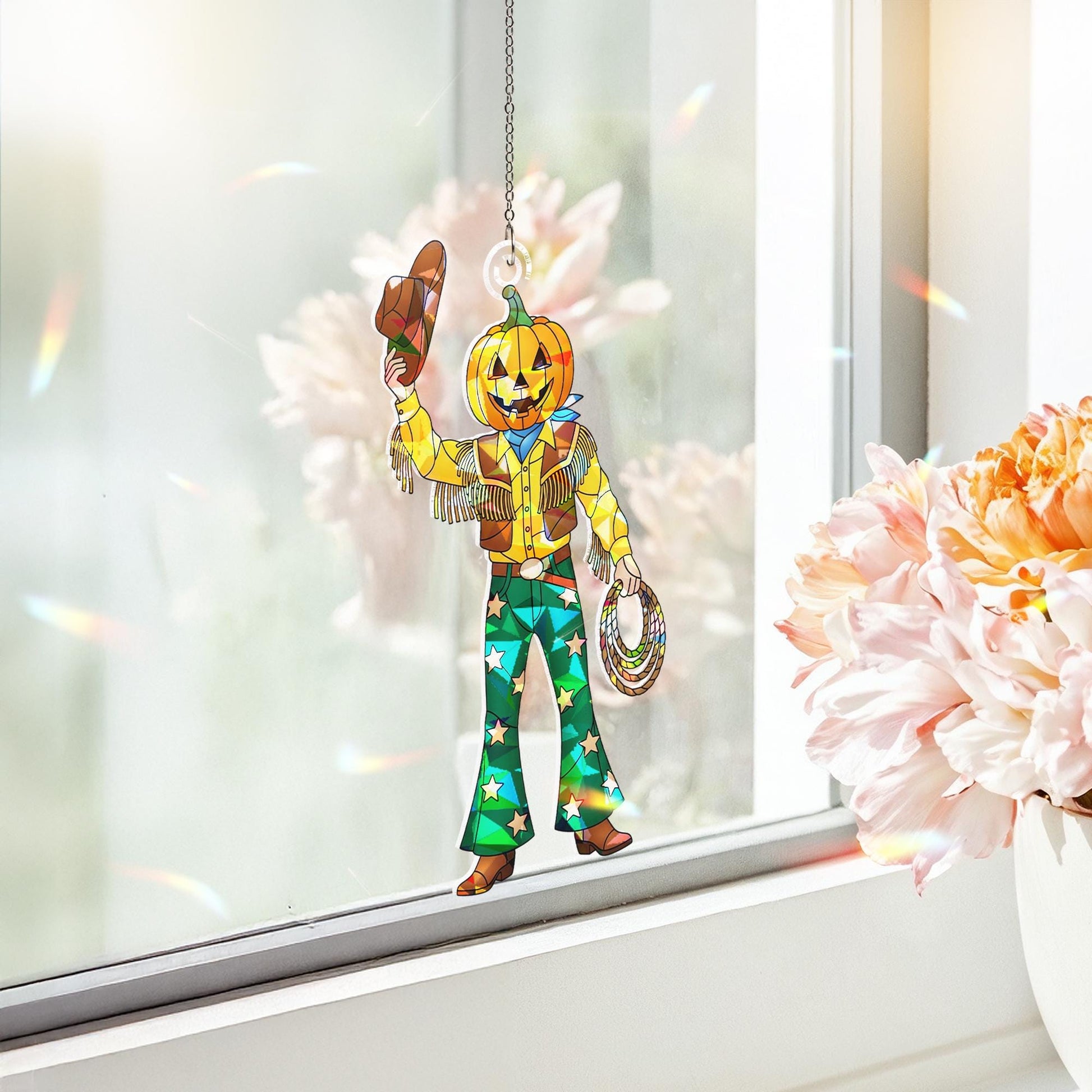 Retro Cowboy Pumpkin Suncatcher, Holographic Halloween Window Hanging, Fall Western Jack O Lantern Decor, Boho Pumpkin Cowboy Gift