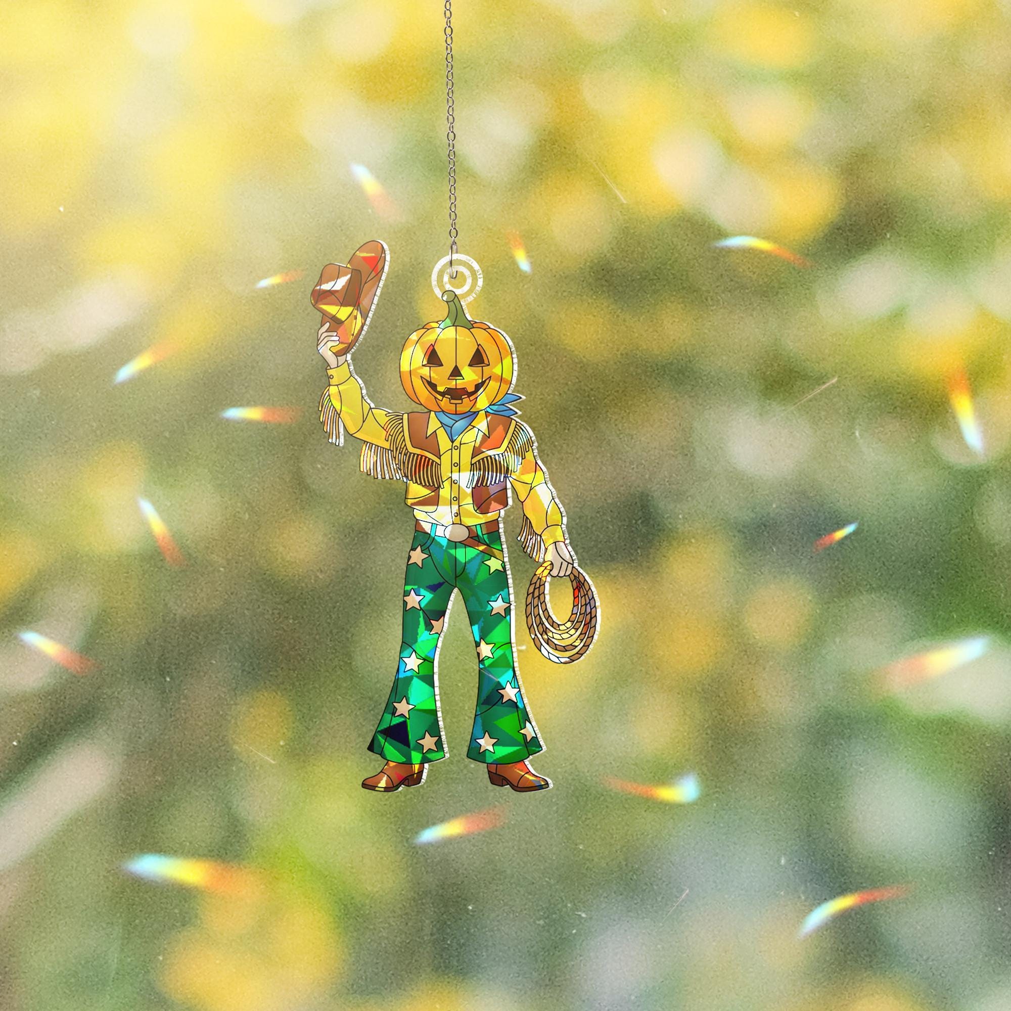 Retro Cowboy Pumpkin Suncatcher, Holographic Halloween Window Hanging, Fall Western Jack O Lantern Decor, Boho Pumpkin Cowboy Gift