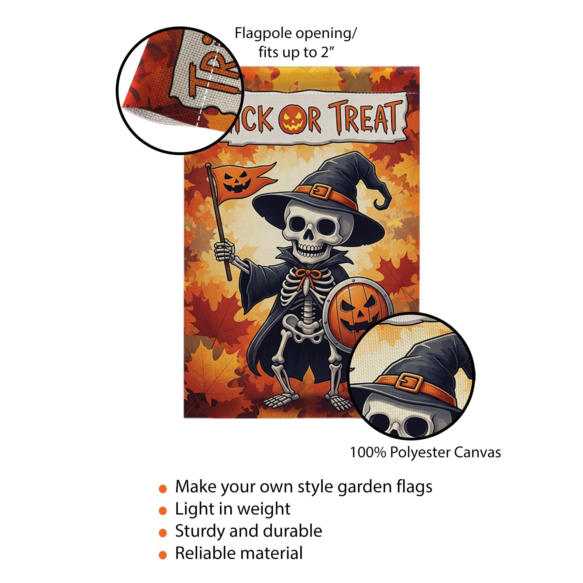 Trick or Treat Skeleton Garden Flag, Halloween Yard Decor, Spooky Fall Banner, Pumpkin Shield Outdoor Flag