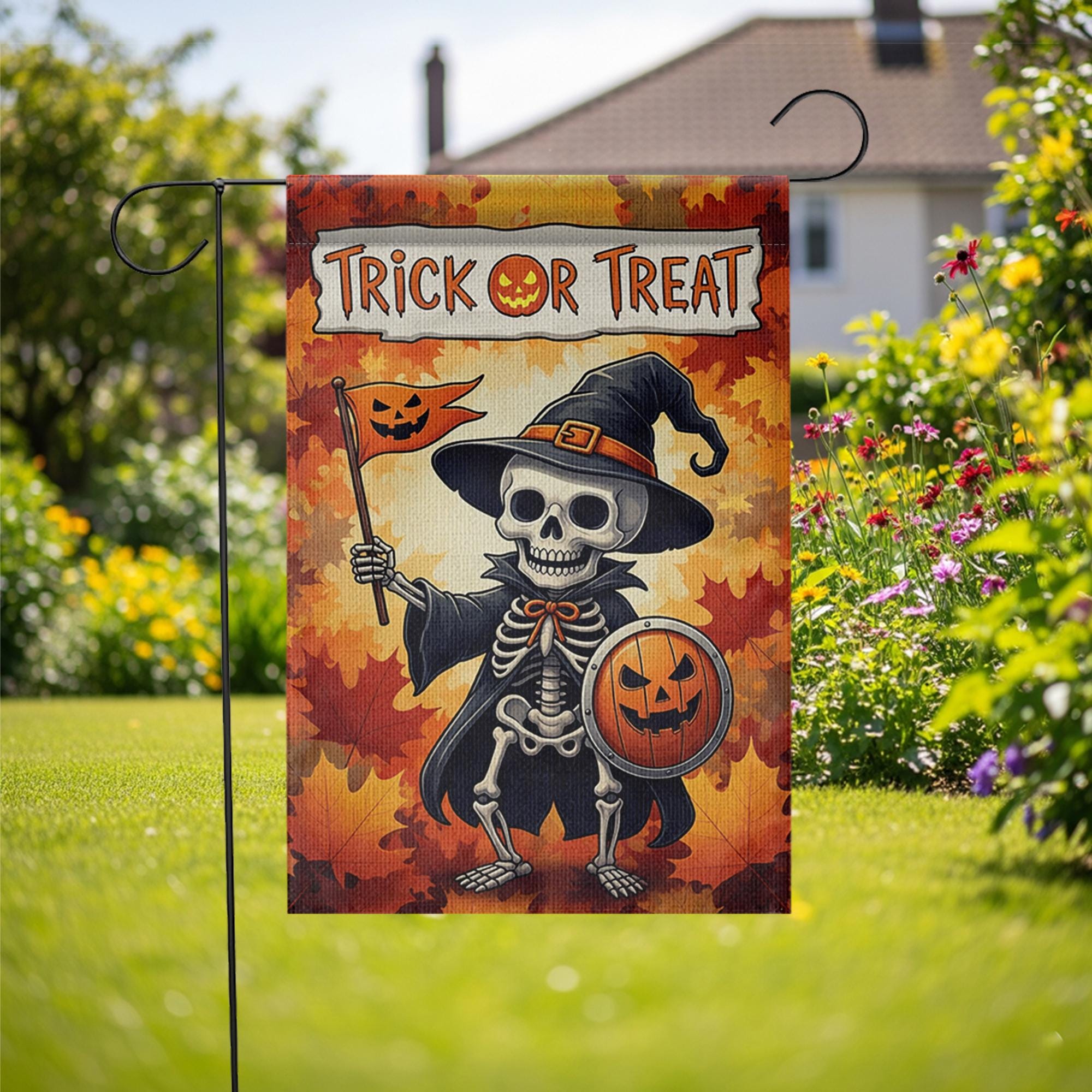 Trick or Treat Skeleton Garden Flag, Halloween Yard Decor, Spooky Fall Banner, Pumpkin Shield Outdoor Flag