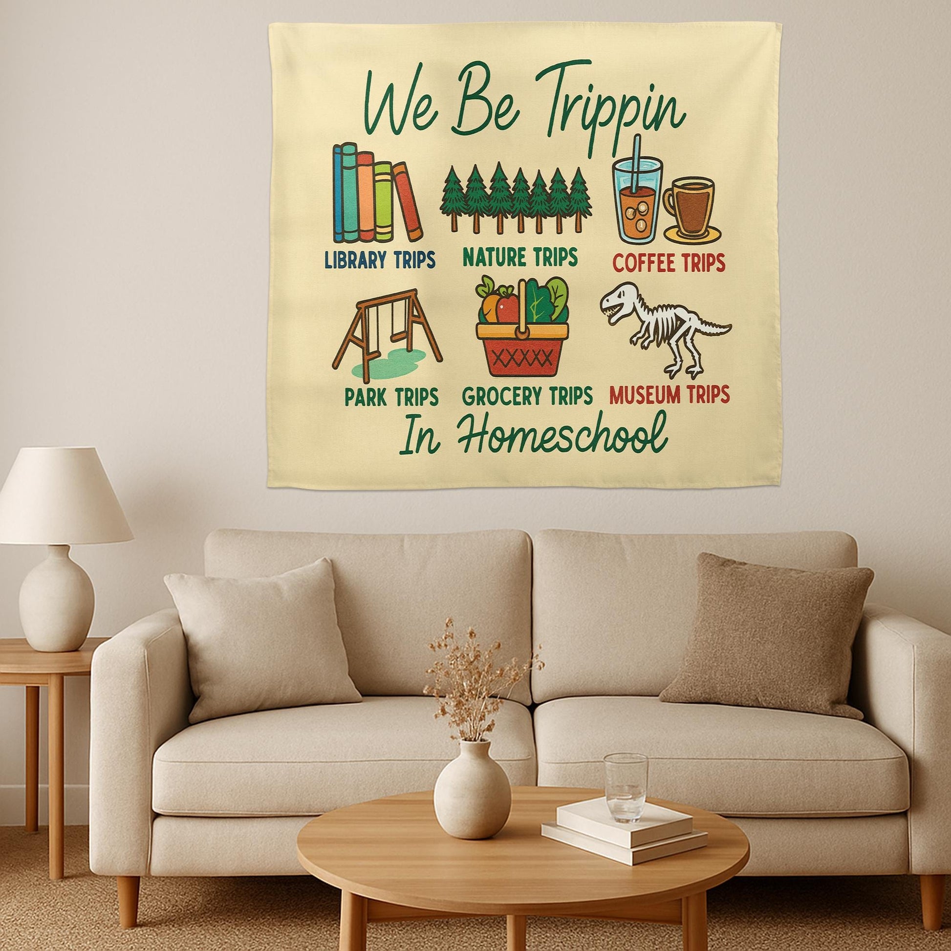 Funny Homeschool Tapestry, We Be Trippin Wall Art, Educational Field Trip Decor, Library Park Coffee School Banner for Home