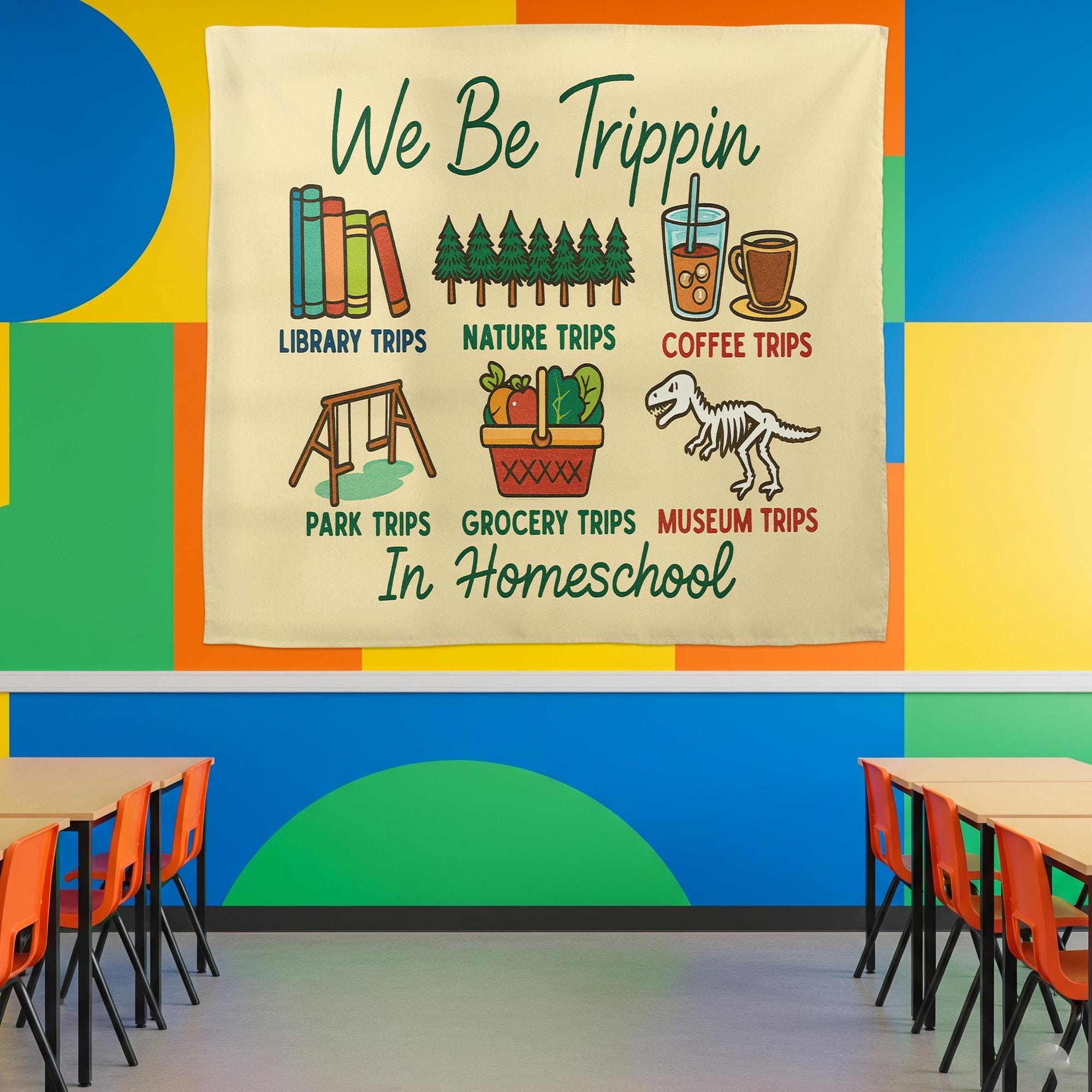 Funny Homeschool Tapestry, We Be Trippin Wall Art, Educational Field Trip Decor, Library Park Coffee School Banner for Home
