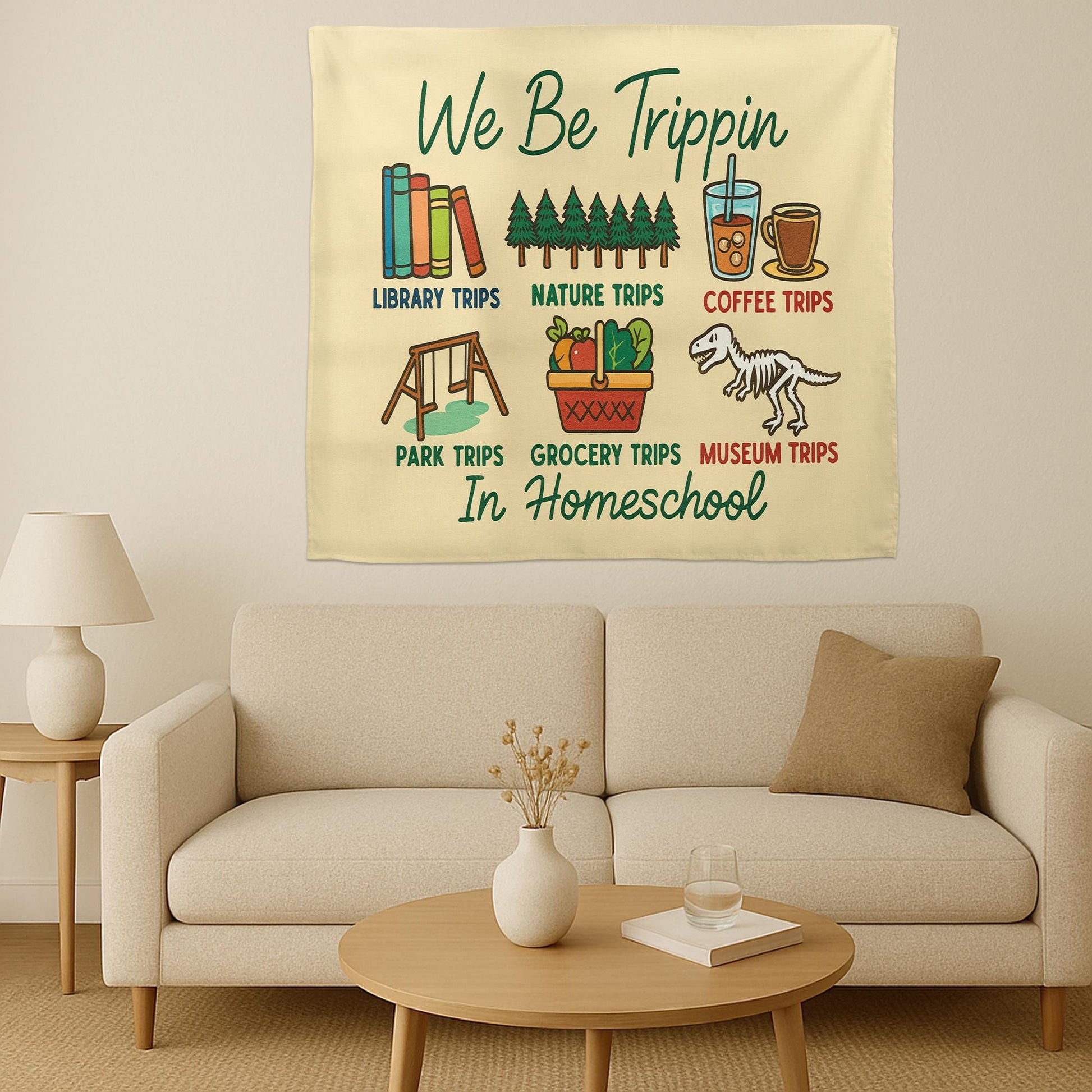 Funny Homeschool Tapestry, We Be Trippin Wall Art, Educational Field Trip Decor, Library Park Coffee School Banner for Home