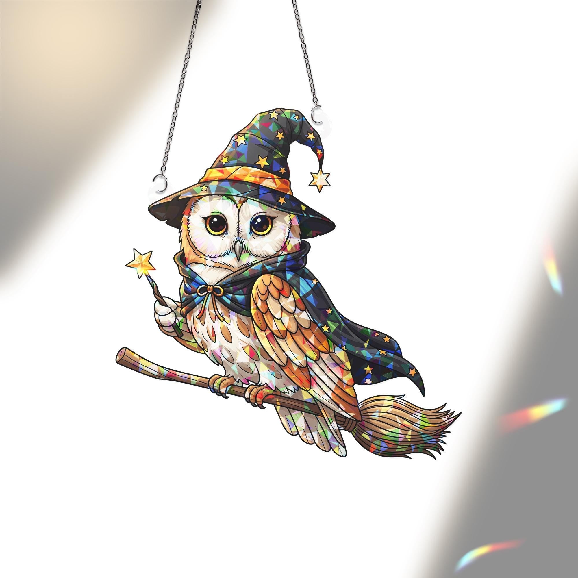 Witchy Owl Suncatcher, Stained Glass Owl Decor, Halloween Window Hanging, Mystical Bird Gift, Wizard Owl Art