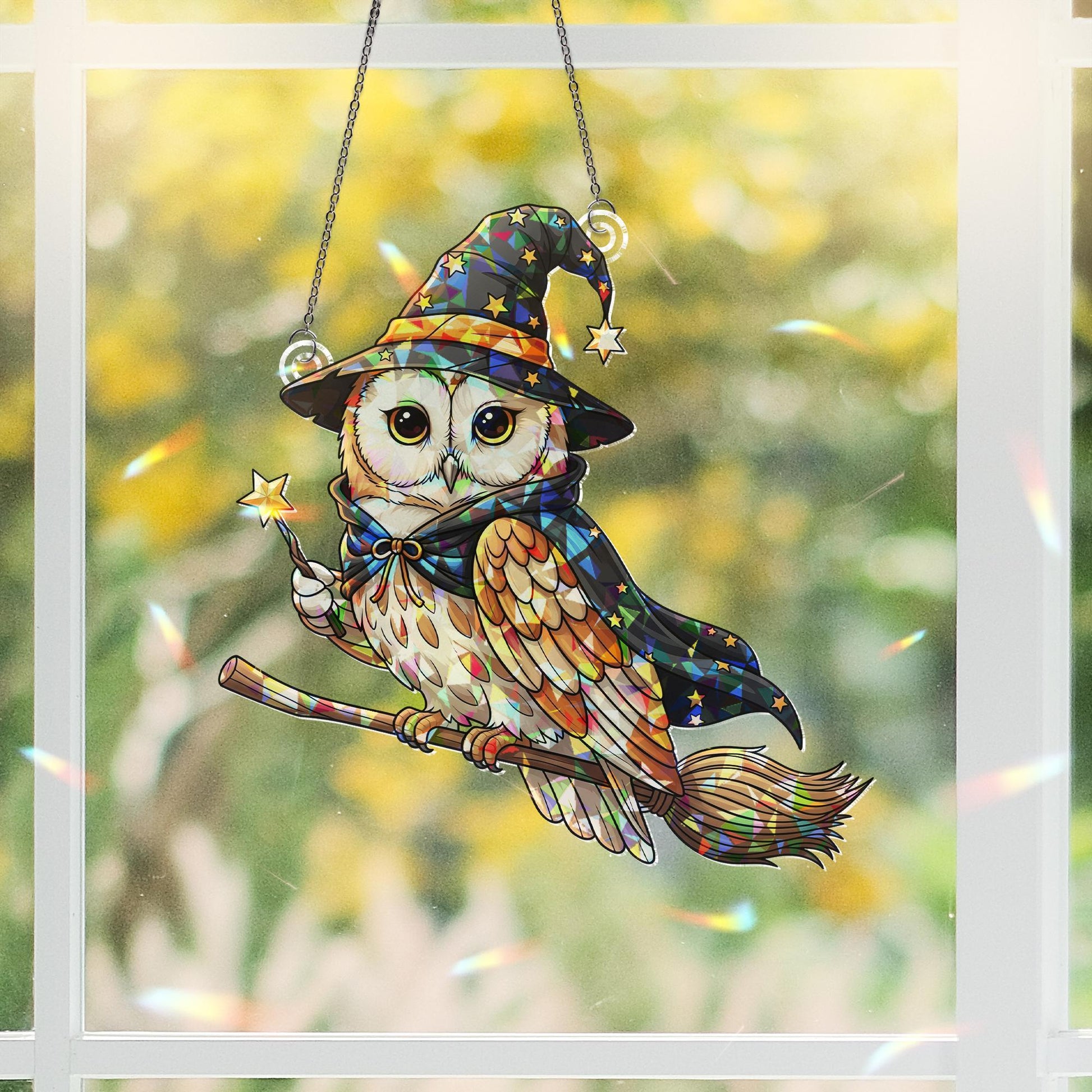 Witchy Owl Suncatcher, Stained Glass Owl Decor, Halloween Window Hanging, Mystical Bird Gift, Wizard Owl Art