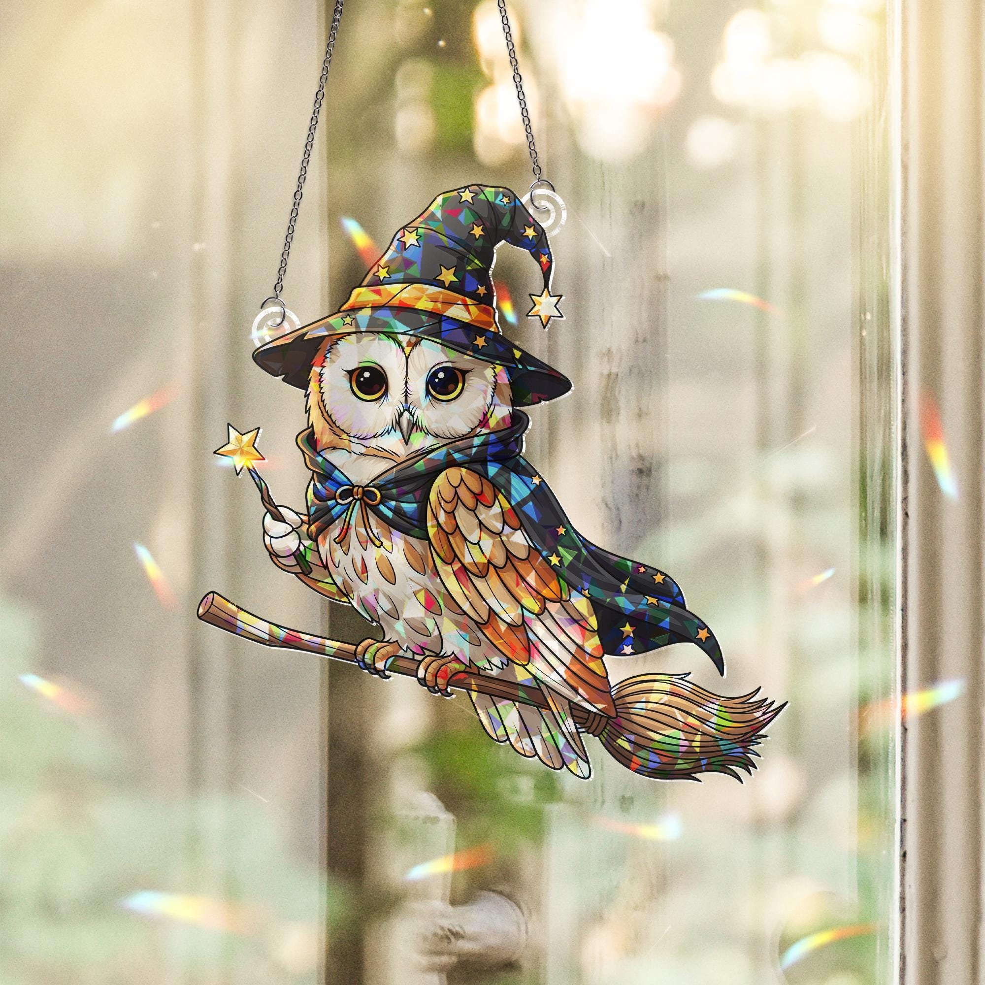 Witchy Owl Suncatcher, Stained Glass Owl Decor, Halloween Window Hanging, Mystical Bird Gift, Wizard Owl Art
