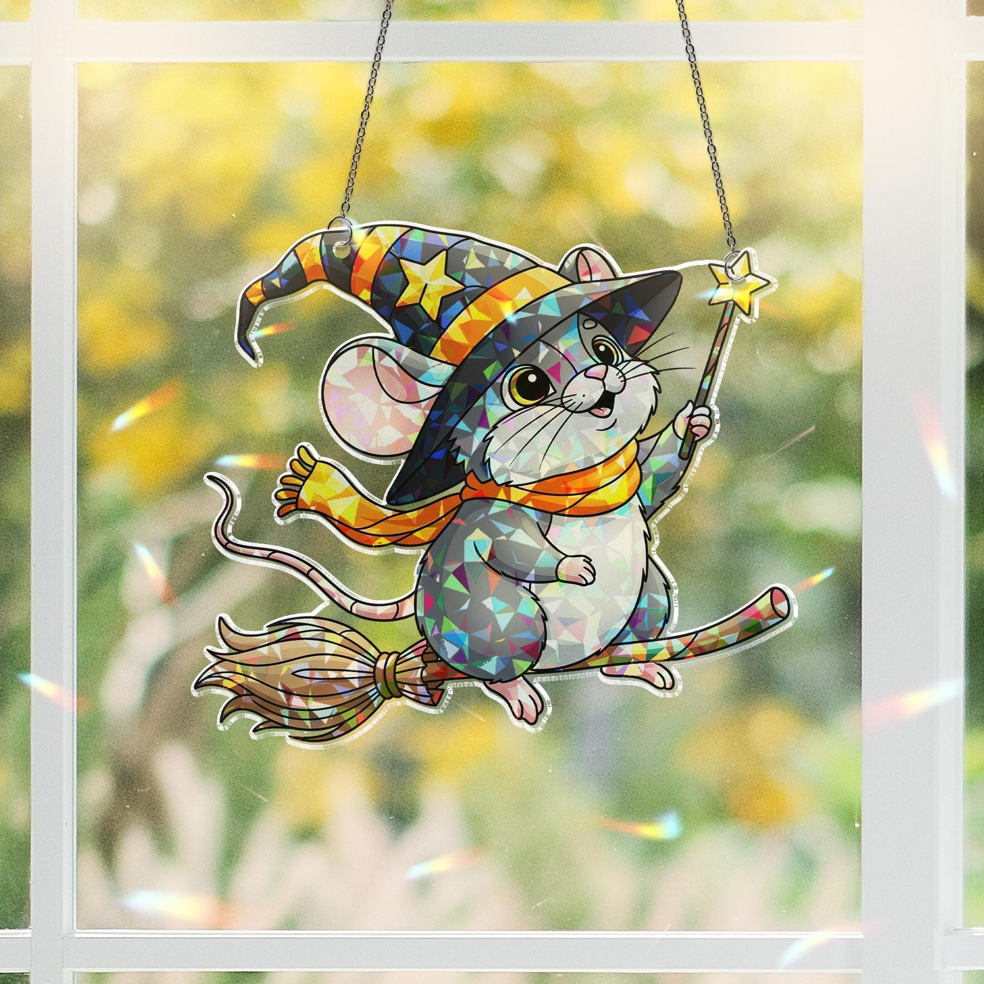 Witchy Mouse Suncatcher, Halloween Window Decal, Cute Animal Decor, Magic Mouse Art, Kid's Room Gift