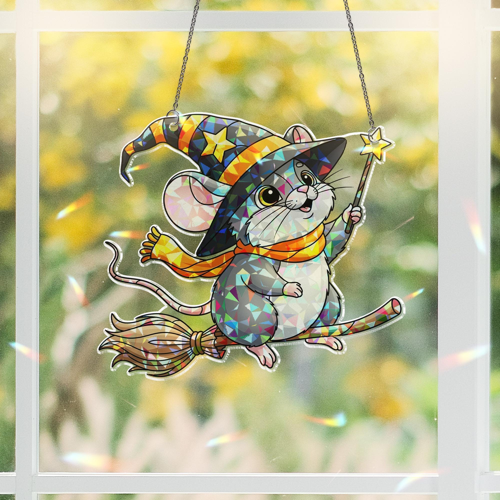Witchy Mouse Suncatcher, Halloween Window Decal, Cute Animal Decor, Magic Mouse Art, Kid's Room Gift