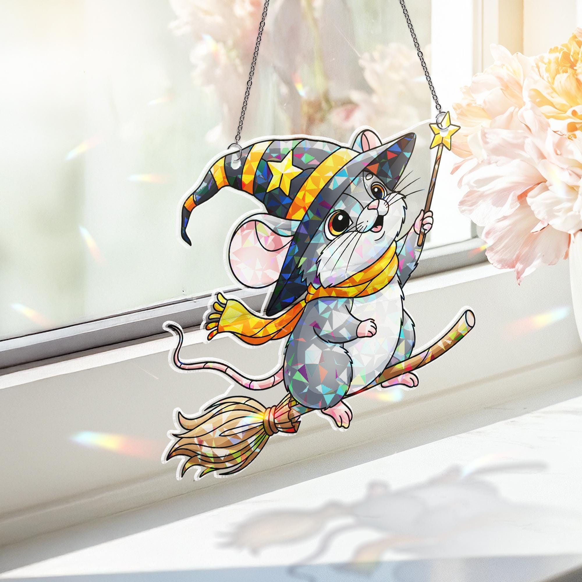 Witchy Mouse Suncatcher, Halloween Window Decal, Cute Animal Decor, Magic Mouse Art, Kid's Room Gift