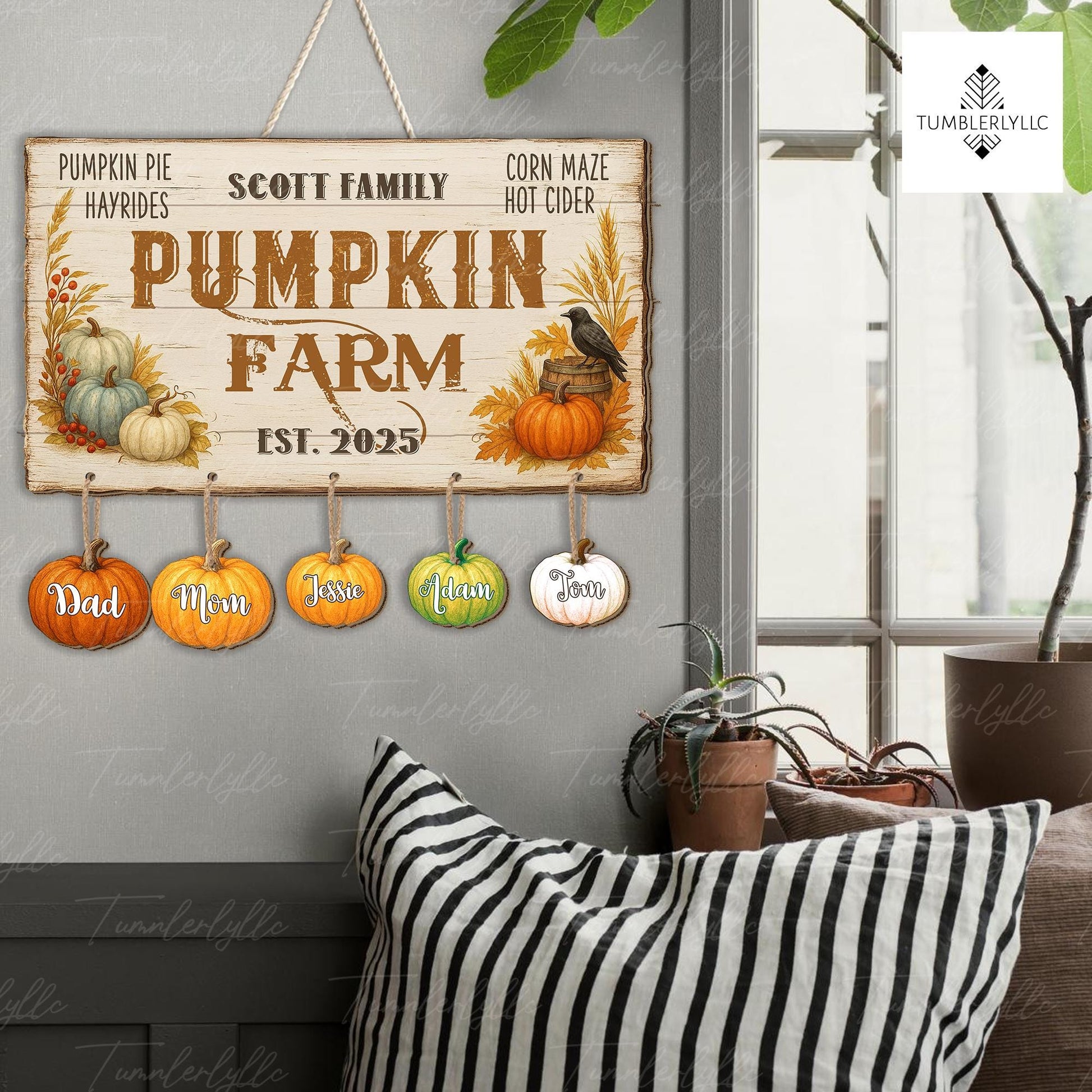 Custom Pumpkin Farm Family Sign, Fall Wooden Name Tag Decor, Personalized Autumn Wall Plaque, Rustic Thanksgiving Home Gift