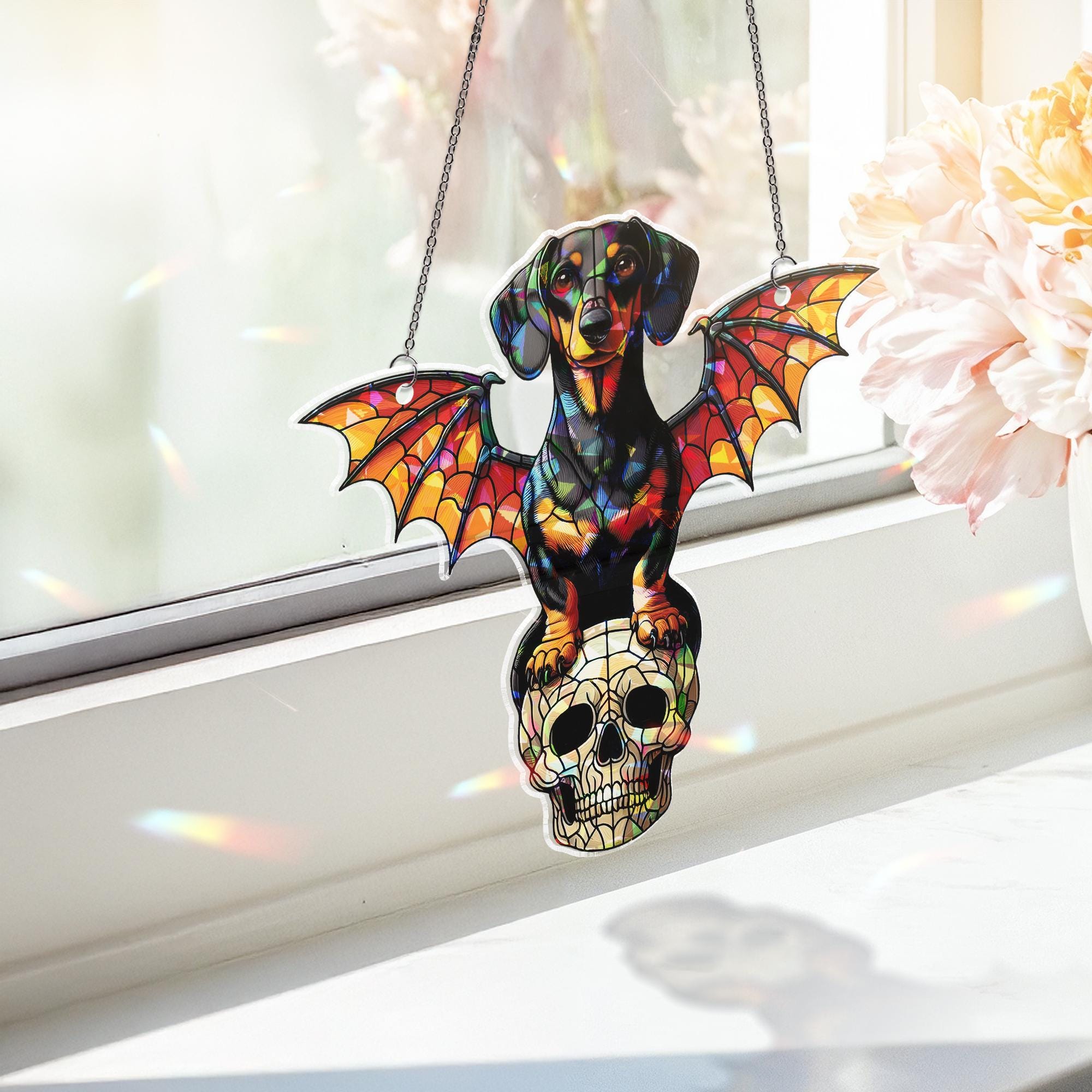 Holographic Bat Dachshund Suncatcher, Gothic Dog Window Decor, Skull Fantasy Acrylic Sun Catcher, Halloween Rainbow Gift
