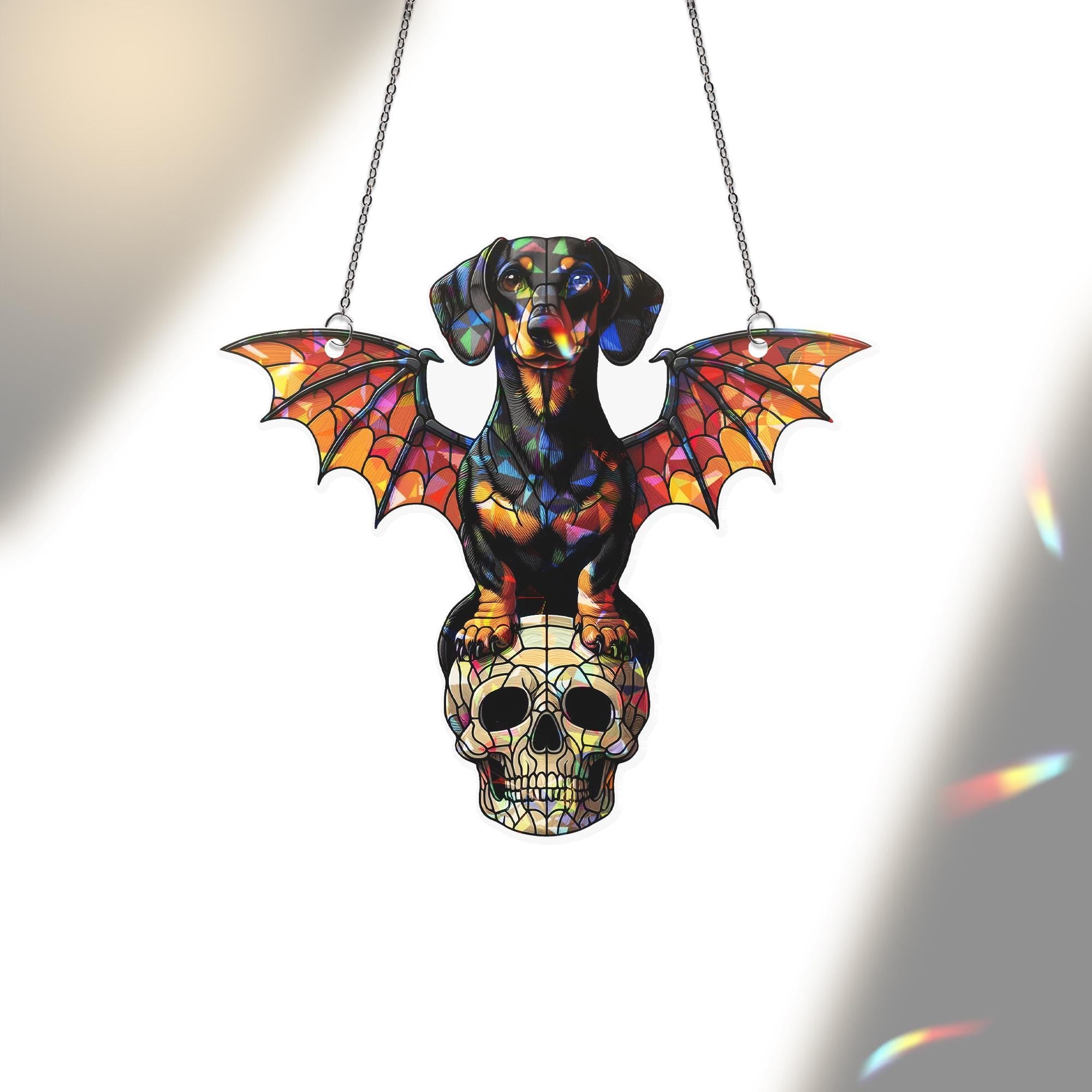 Holographic Bat Dachshund Suncatcher, Gothic Dog Window Decor, Skull Fantasy Acrylic Sun Catcher, Halloween Rainbow Gift