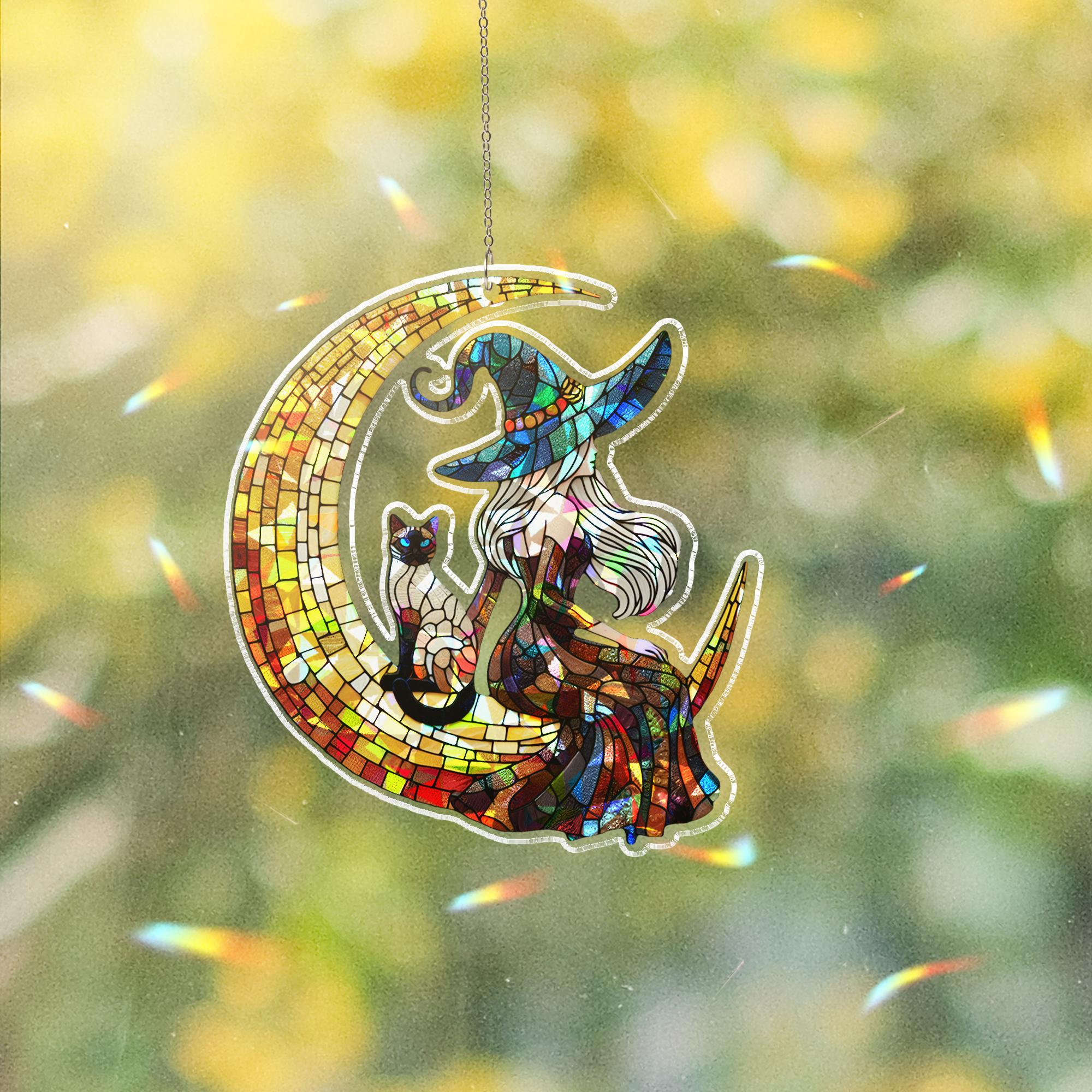 Holographic Witch Suncatcher, Crescent Moon Cat Window Decor, Acrylic home decor, Gothic Fantasy Sun Catcher Gift for Her