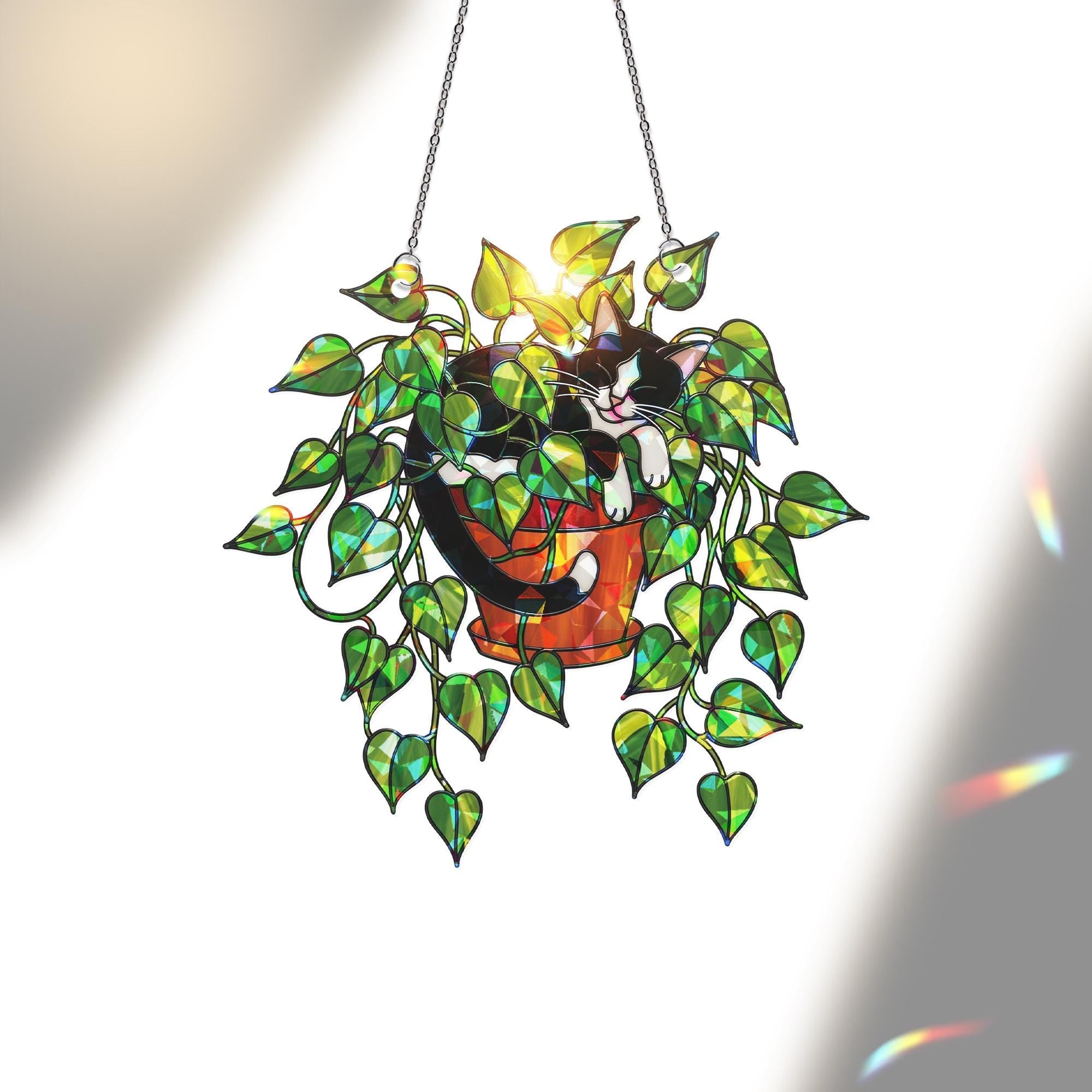 Tuxedo Cat in Pothos Plant Suncatcher, Holographic Acrylic Window Decor, Cute Plant Cat Sun Catcher, Rainbow Gift for Cat and Plant Lovers