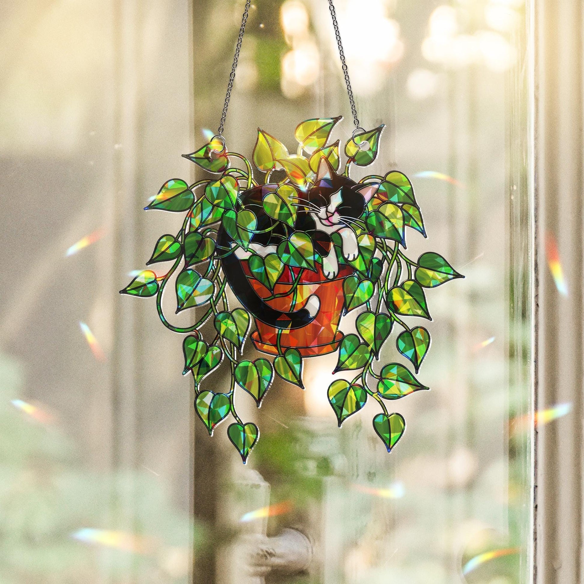 Tuxedo Cat in Pothos Plant Suncatcher, Holographic Acrylic Window Decor, Cute Plant Cat Sun Catcher, Rainbow Gift for Cat and Plant Lovers