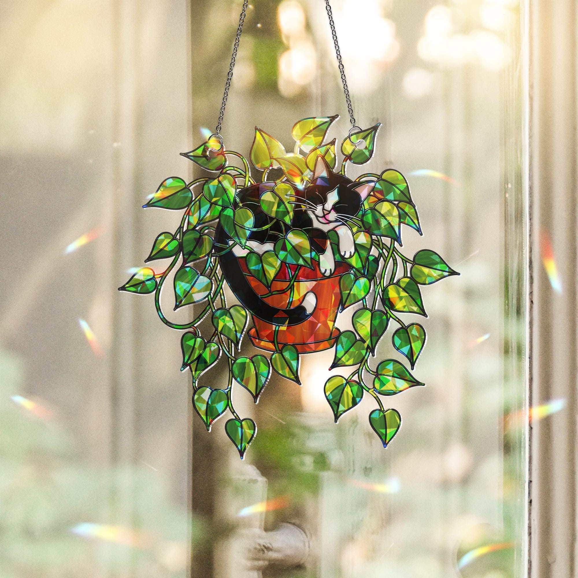 Tuxedo Cat in Pothos Plant Suncatcher, Holographic Acrylic Window Decor, Cute Plant Cat Sun Catcher, Rainbow Gift for Cat and Plant Lovers
