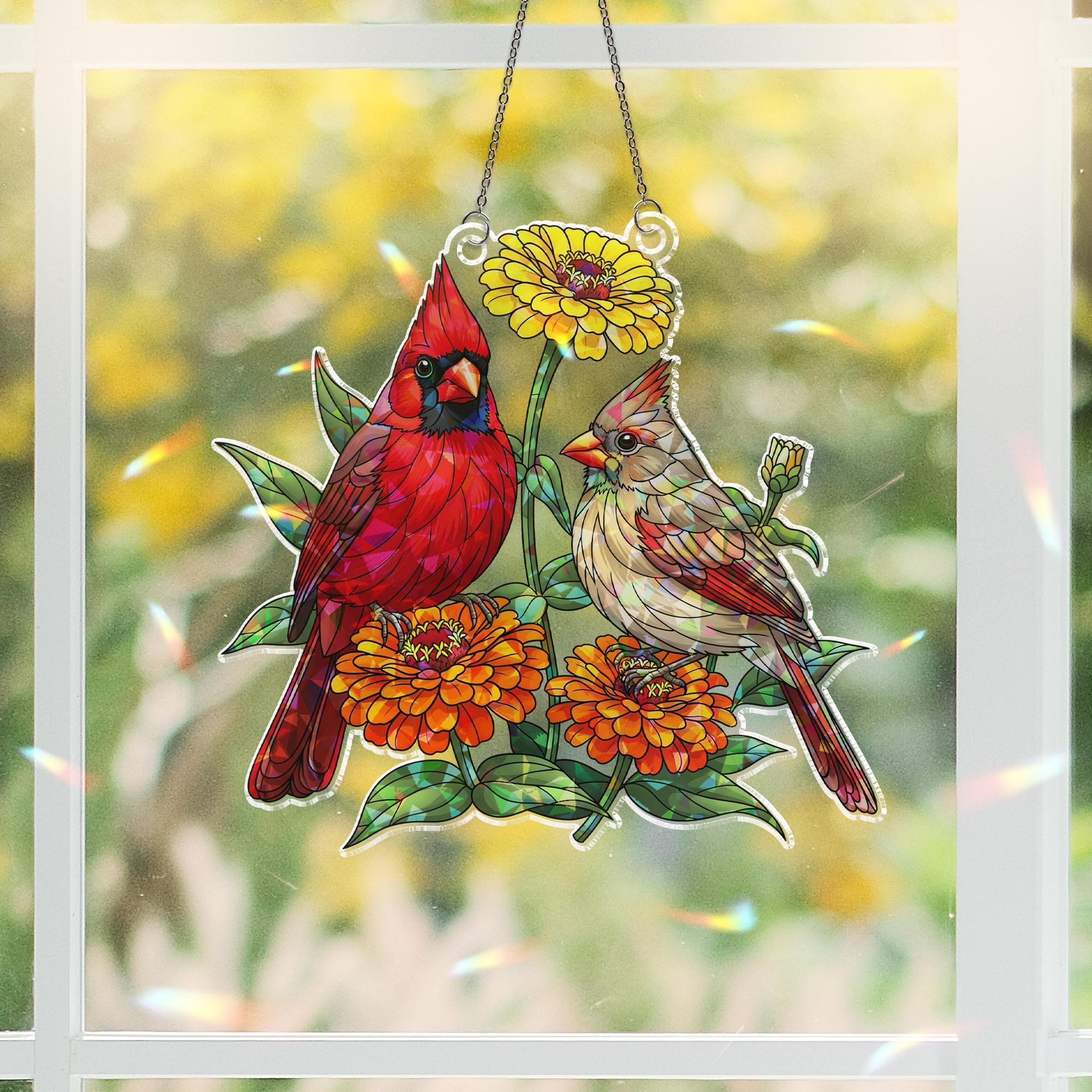 Cardinal Couple Holographic Window Hanging | Faux Stained Glass Bird Suncatcher | Memorial Gift | Spring Floral Window Decor