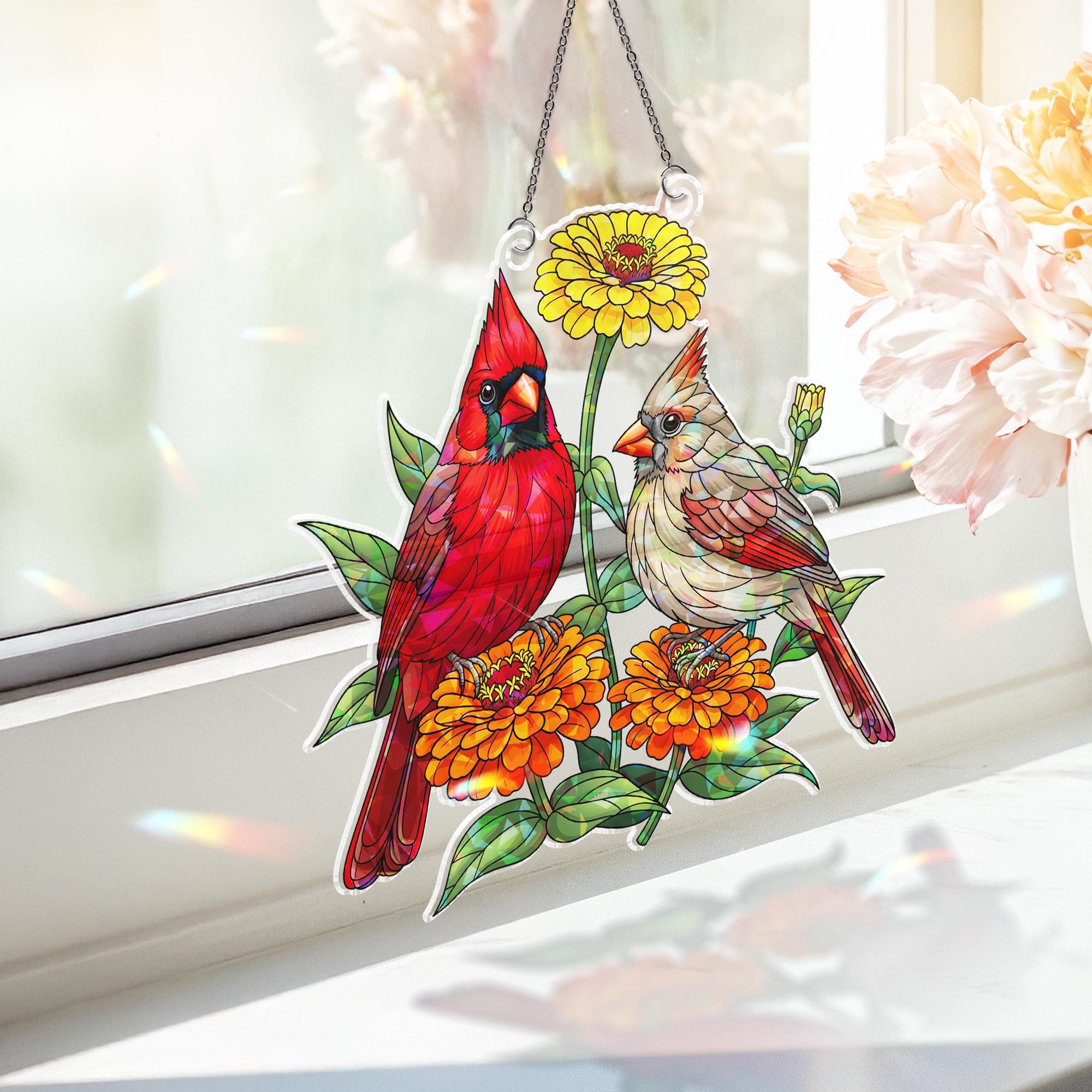 Cardinal Couple Holographic Window Hanging | Faux Stained Glass Bird Suncatcher | Memorial Gift | Spring Floral Window Decor