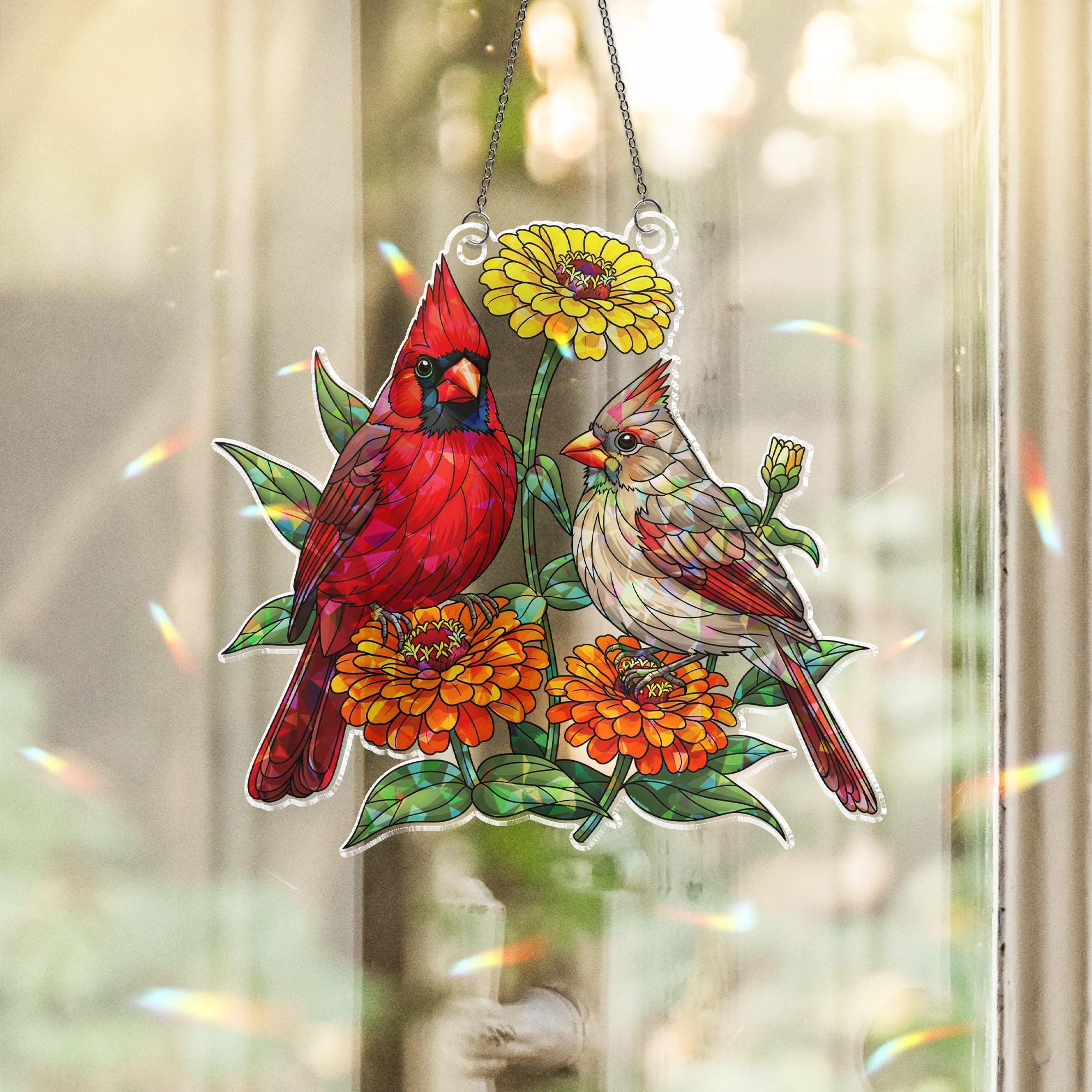 Cardinal Couple Holographic Window Hanging | Faux Stained Glass Bird Suncatcher | Memorial Gift | Spring Floral Window Decor