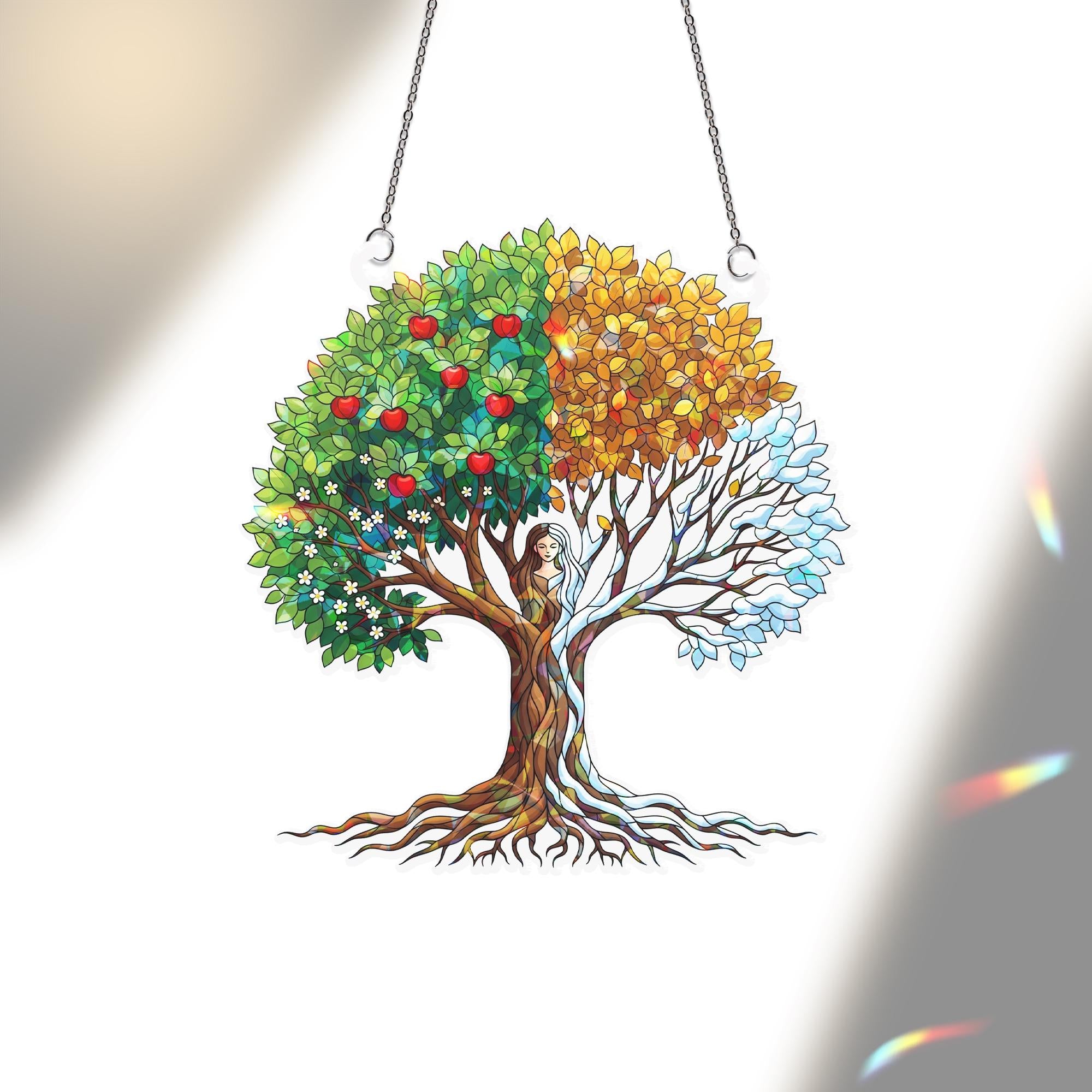 Four Seasons Tree Holographic Window Hanging | Faux Stained Glass Suncatcher | Nature Wall Decor | Year Round Seasonal Art Gift