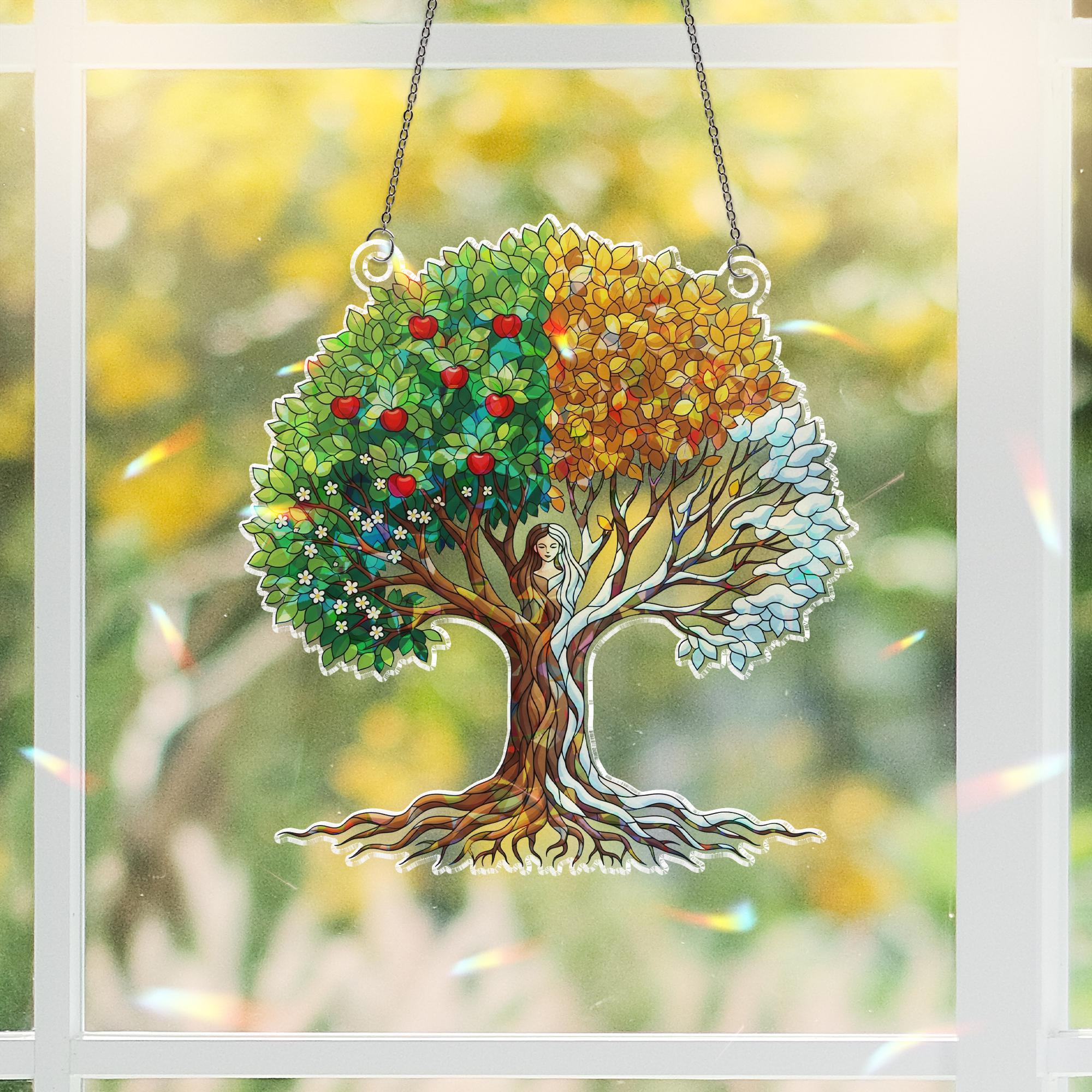 Four Seasons Tree Holographic Window Hanging | Faux Stained Glass Suncatcher | Nature Wall Decor | Year Round Seasonal Art Gift