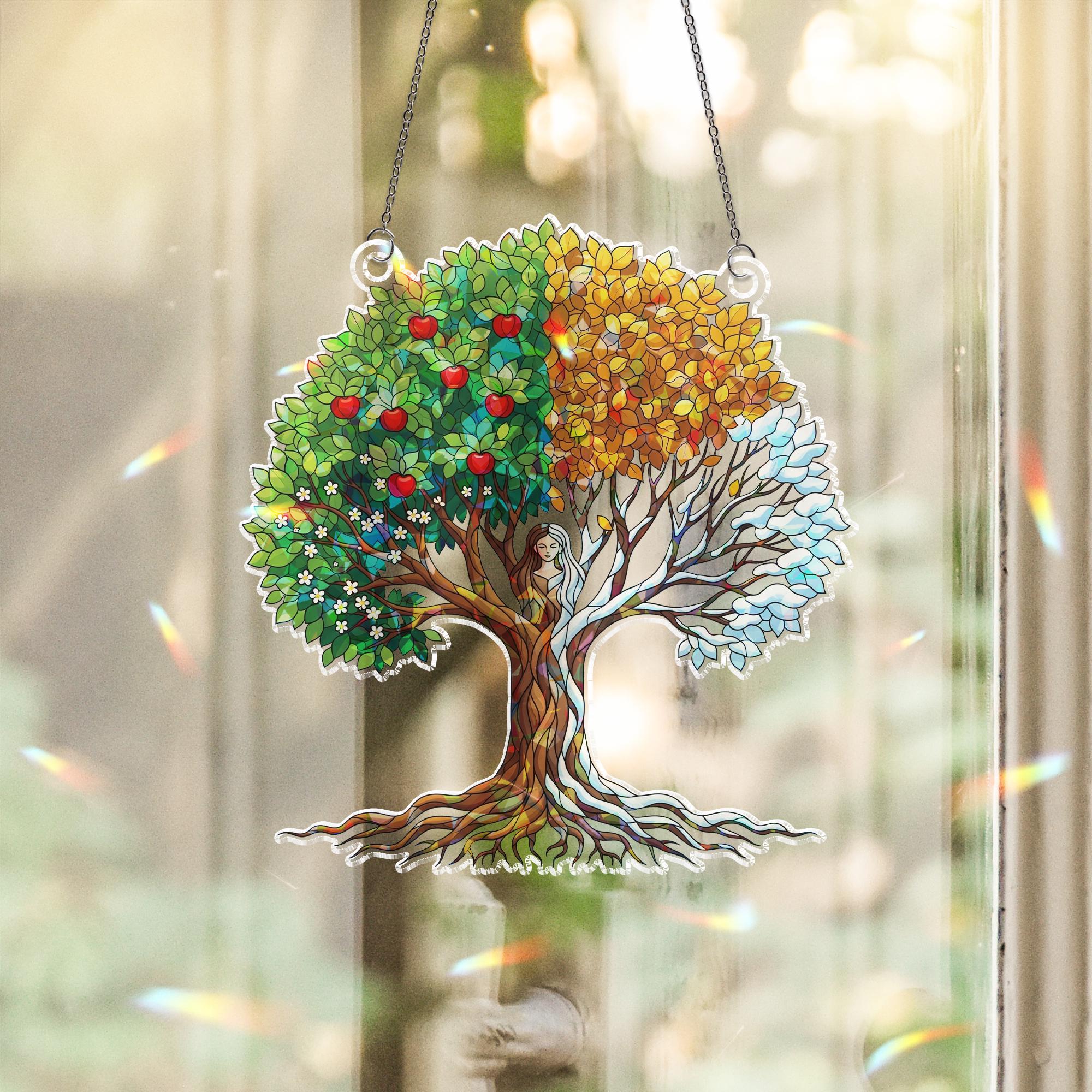 Four Seasons Tree Holographic Window Hanging | Faux Stained Glass Suncatcher | Nature Wall Decor | Year Round Seasonal Art Gift