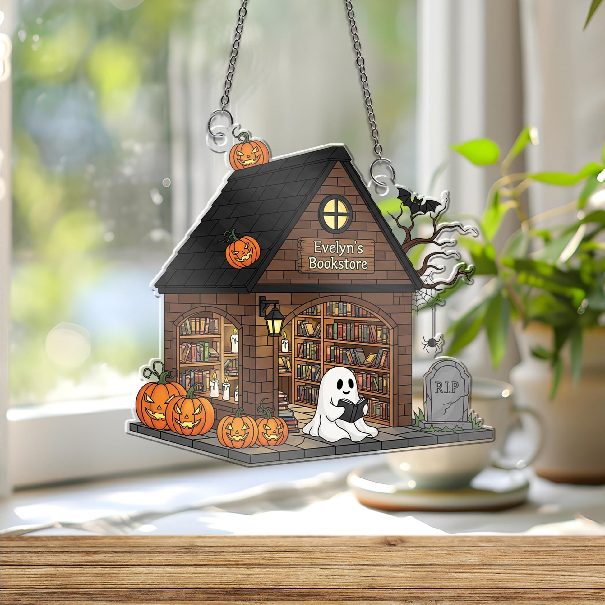 Custom Halloween Bookstore Window Hanging | Personalized Ghost Reading Decor | Faux Stained Glass Suncatcher | Spooky Book Lover Gift