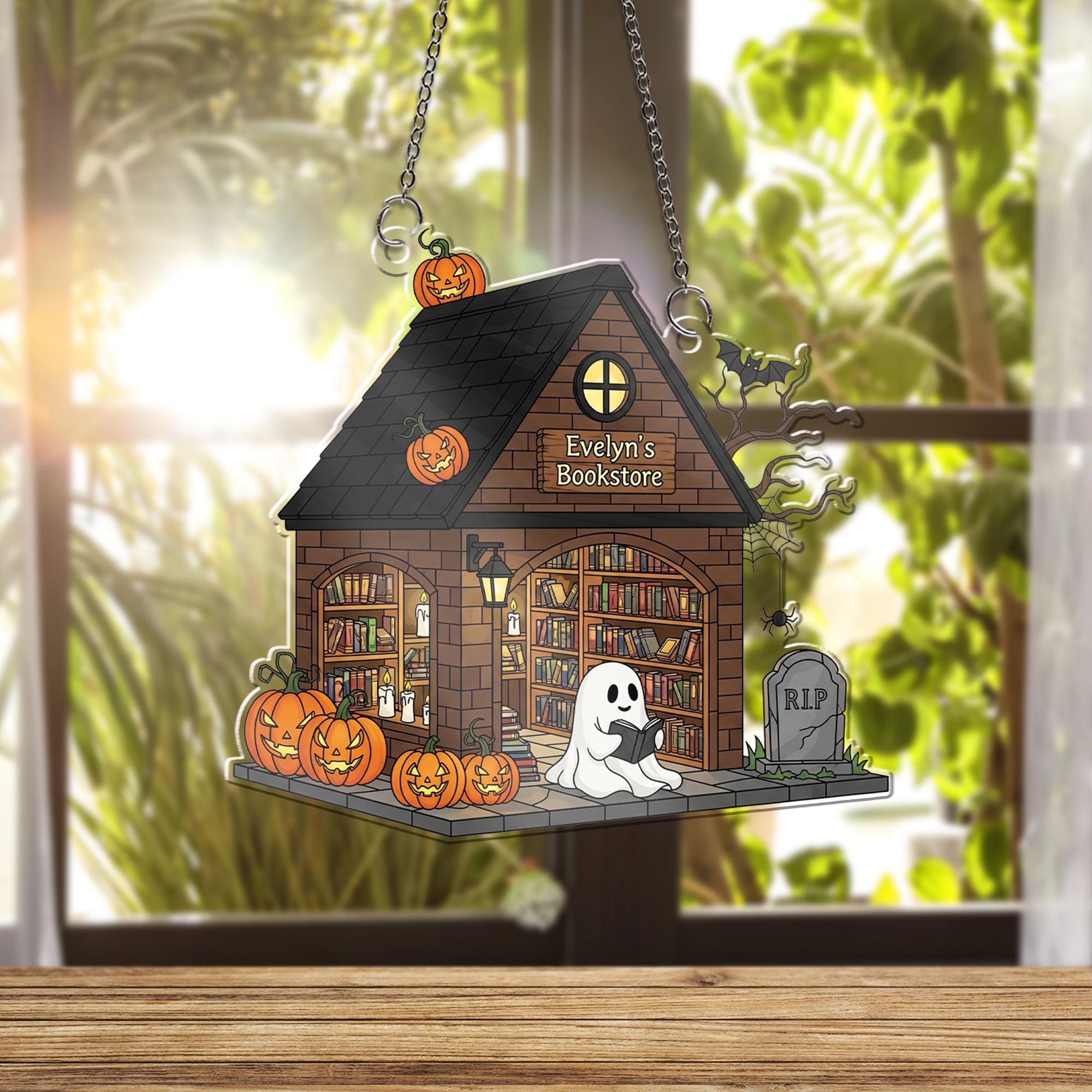 Custom Halloween Bookstore Window Hanging | Personalized Ghost Reading Decor | Faux Stained Glass Suncatcher | Spooky Book Lover Gift