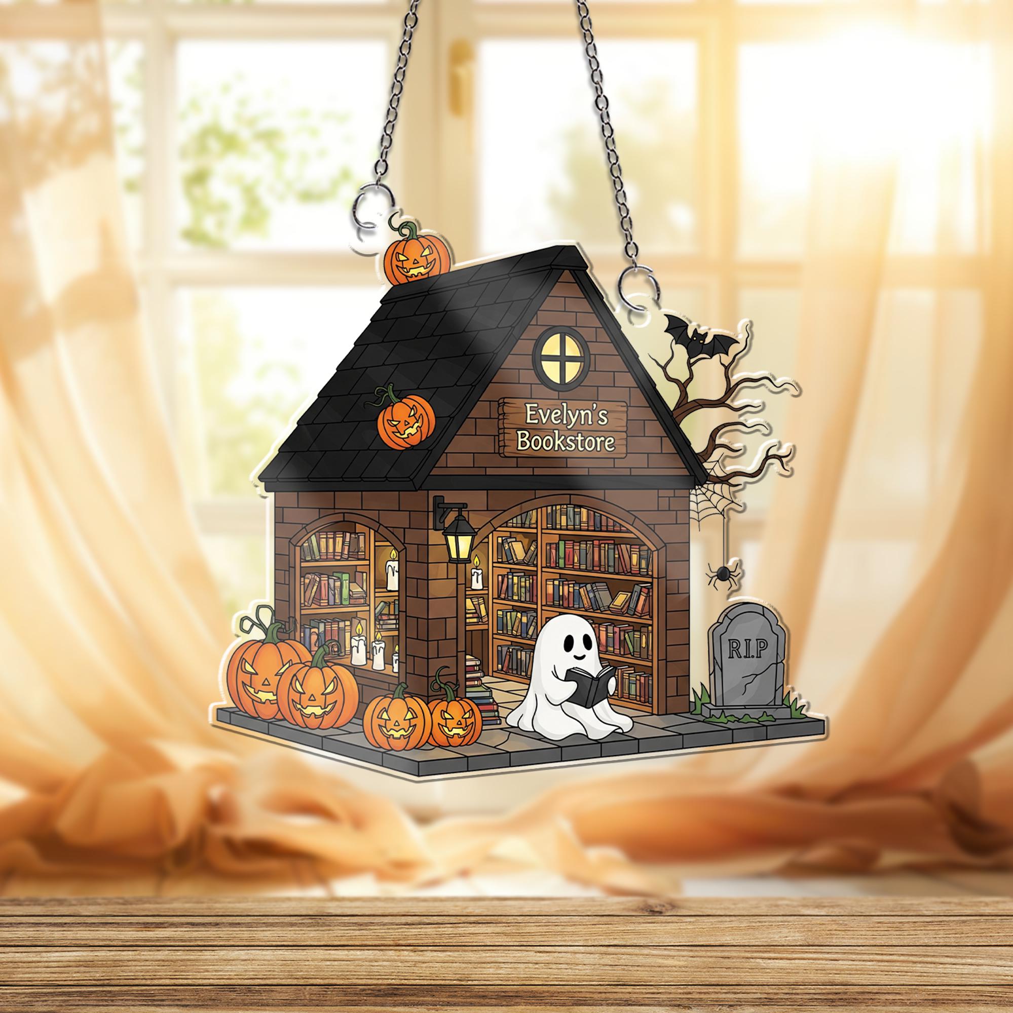 Custom Halloween Bookstore Window Hanging | Personalized Ghost Reading Decor | Faux Stained Glass Suncatcher | Spooky Book Lover Gift