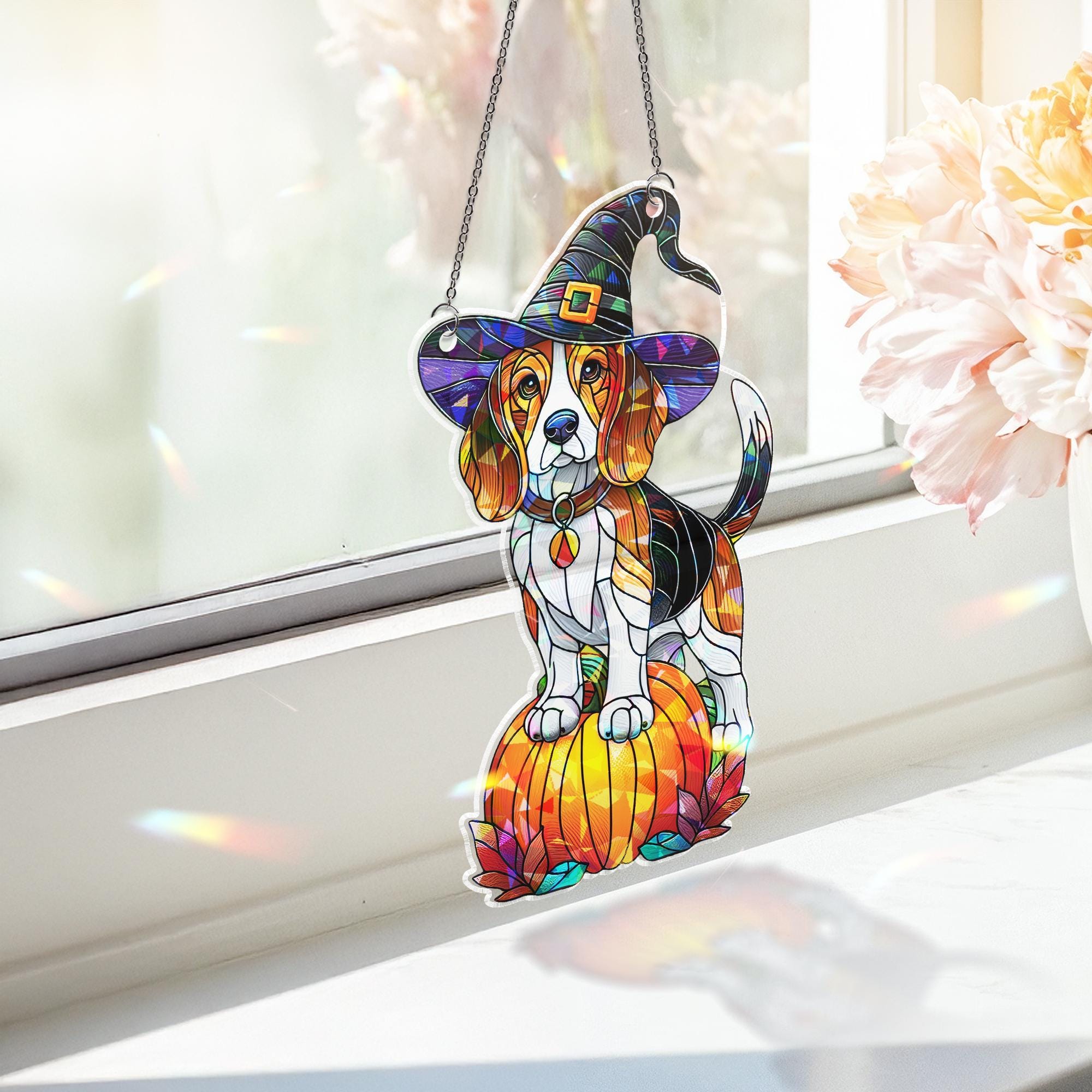 Beagle Witch Suncatcher, Holographic Halloween Dog Window Decor, Acrylic Pumpkin Pet Sun Catcher, Fall Gift for Dog Lovers