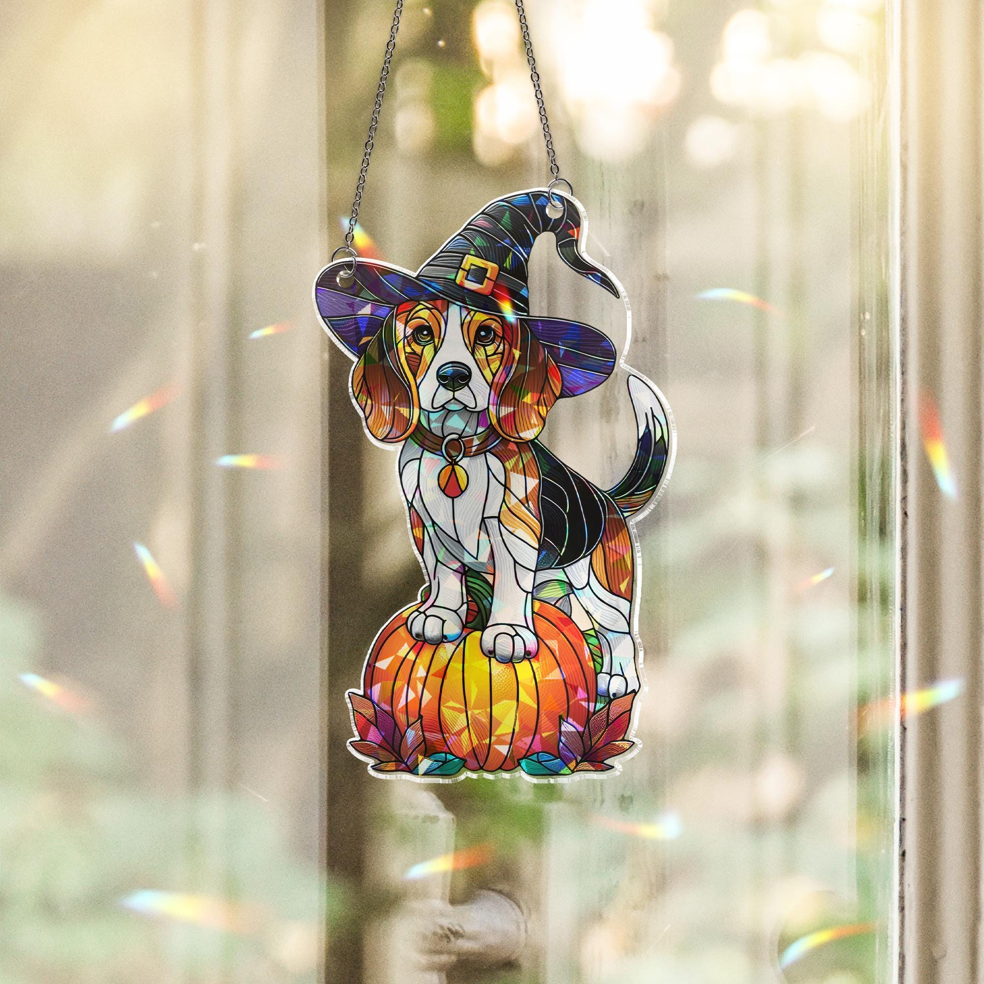 Beagle Witch Suncatcher, Holographic Halloween Dog Window Decor, Acrylic Pumpkin Pet Sun Catcher, Fall Gift for Dog Lovers