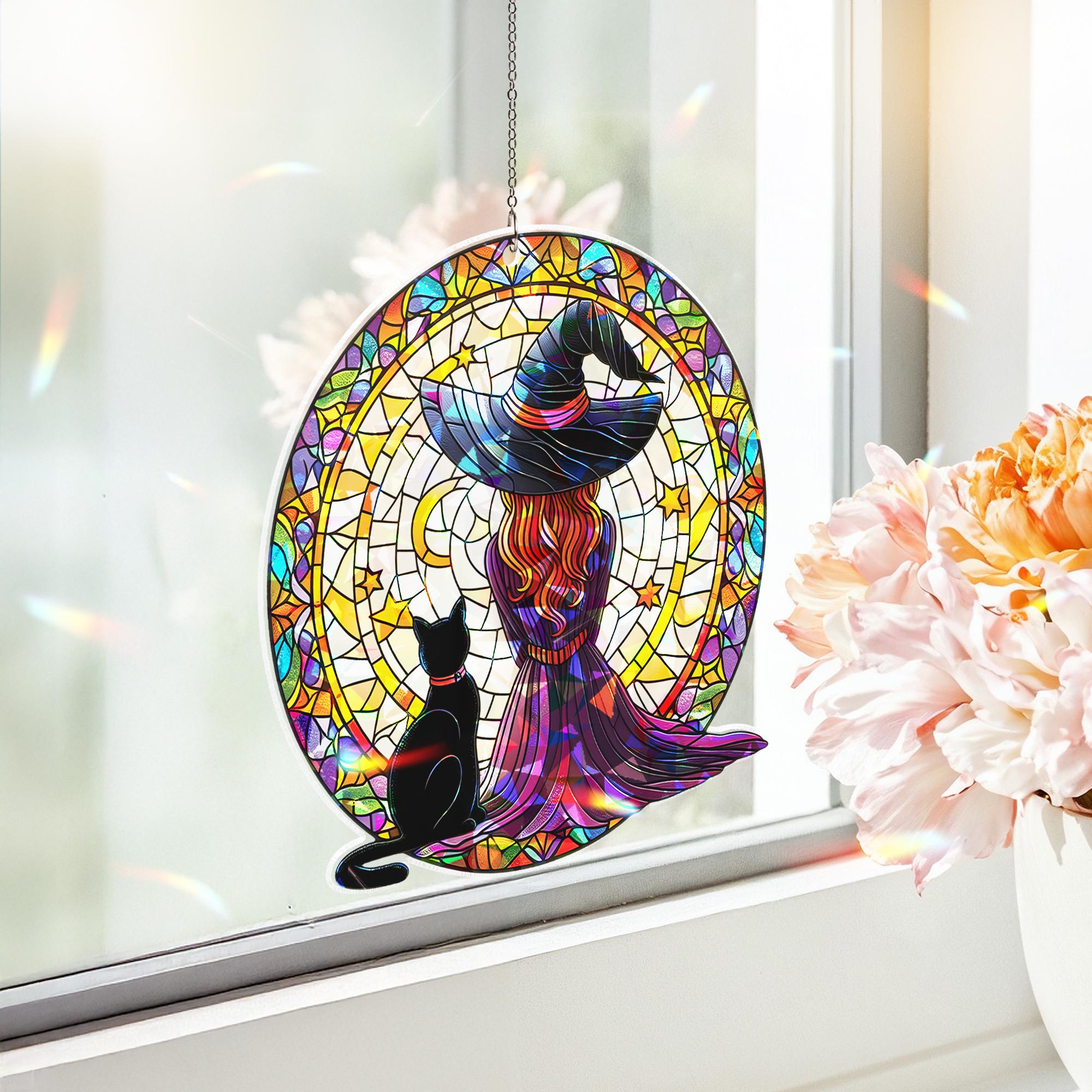 Witch and Black Cat Suncatcher, Holographic Round Acrylic Window Decor, Moon Star Witchy Sun Catcher, Halloween Gift for Her