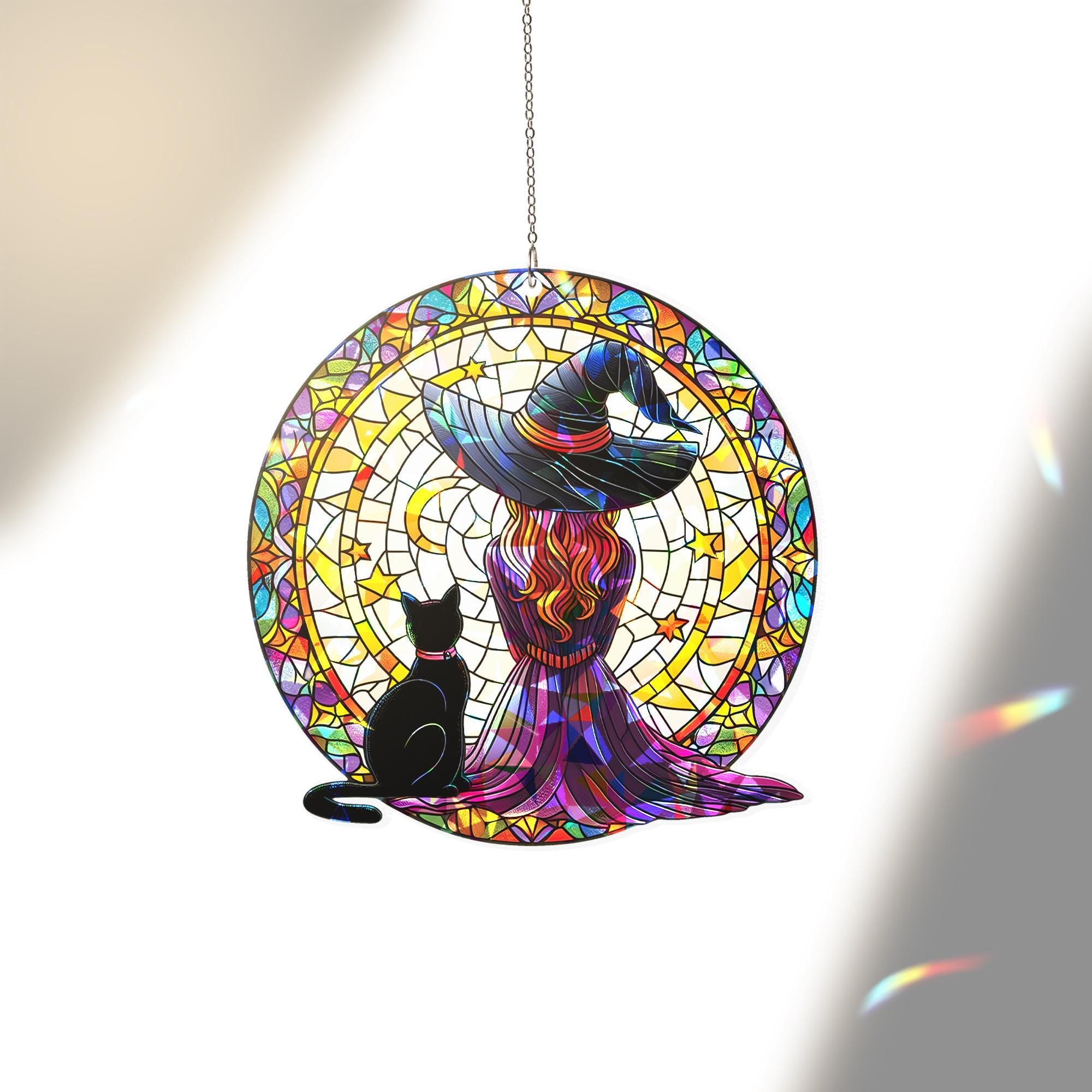 Witch and Black Cat Suncatcher, Holographic Round Acrylic Window Decor, Moon Star Witchy Sun Catcher, Halloween Gift for Her