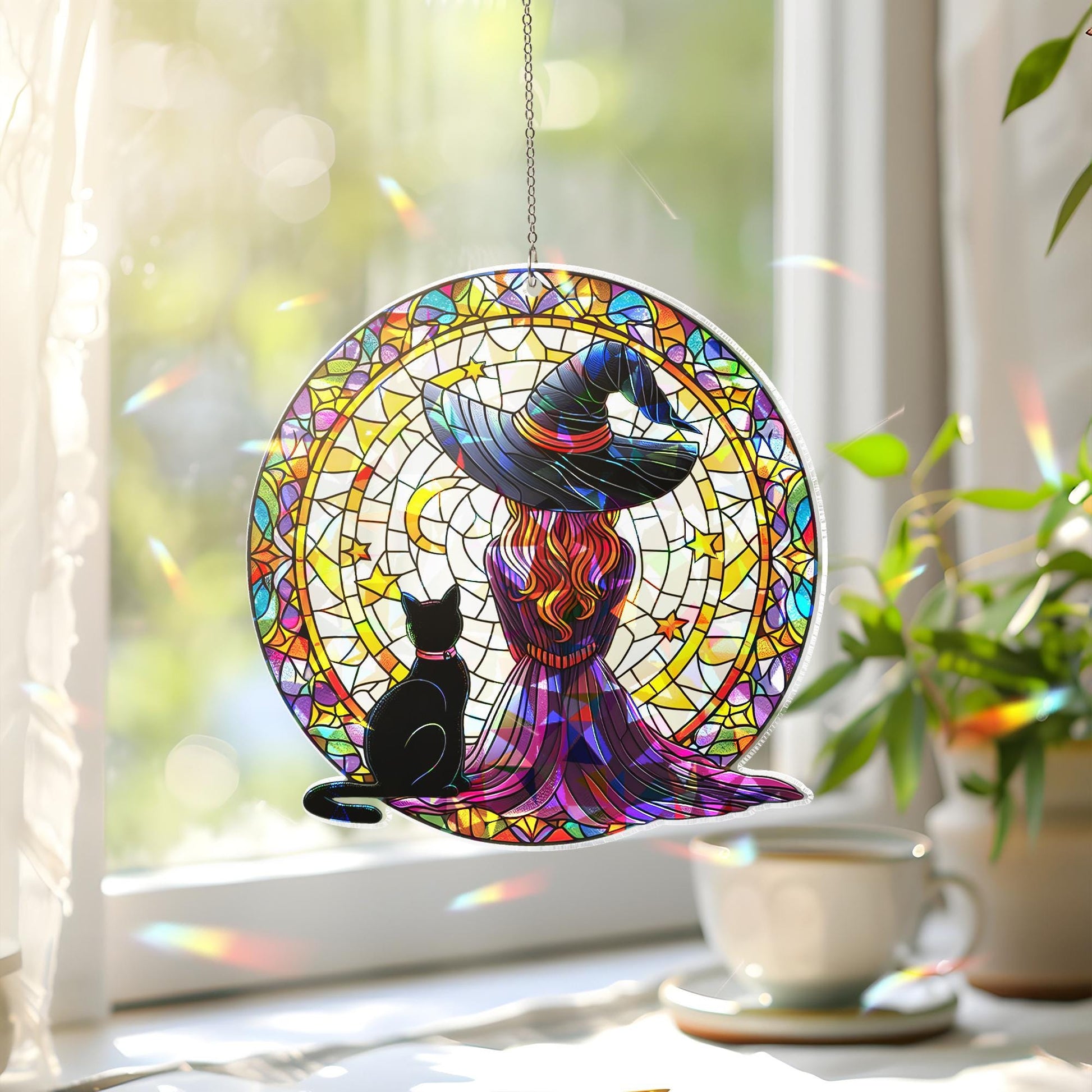 Witch and Black Cat Suncatcher, Holographic Round Acrylic Window Decor, Moon Star Witchy Sun Catcher, Halloween Gift for Her