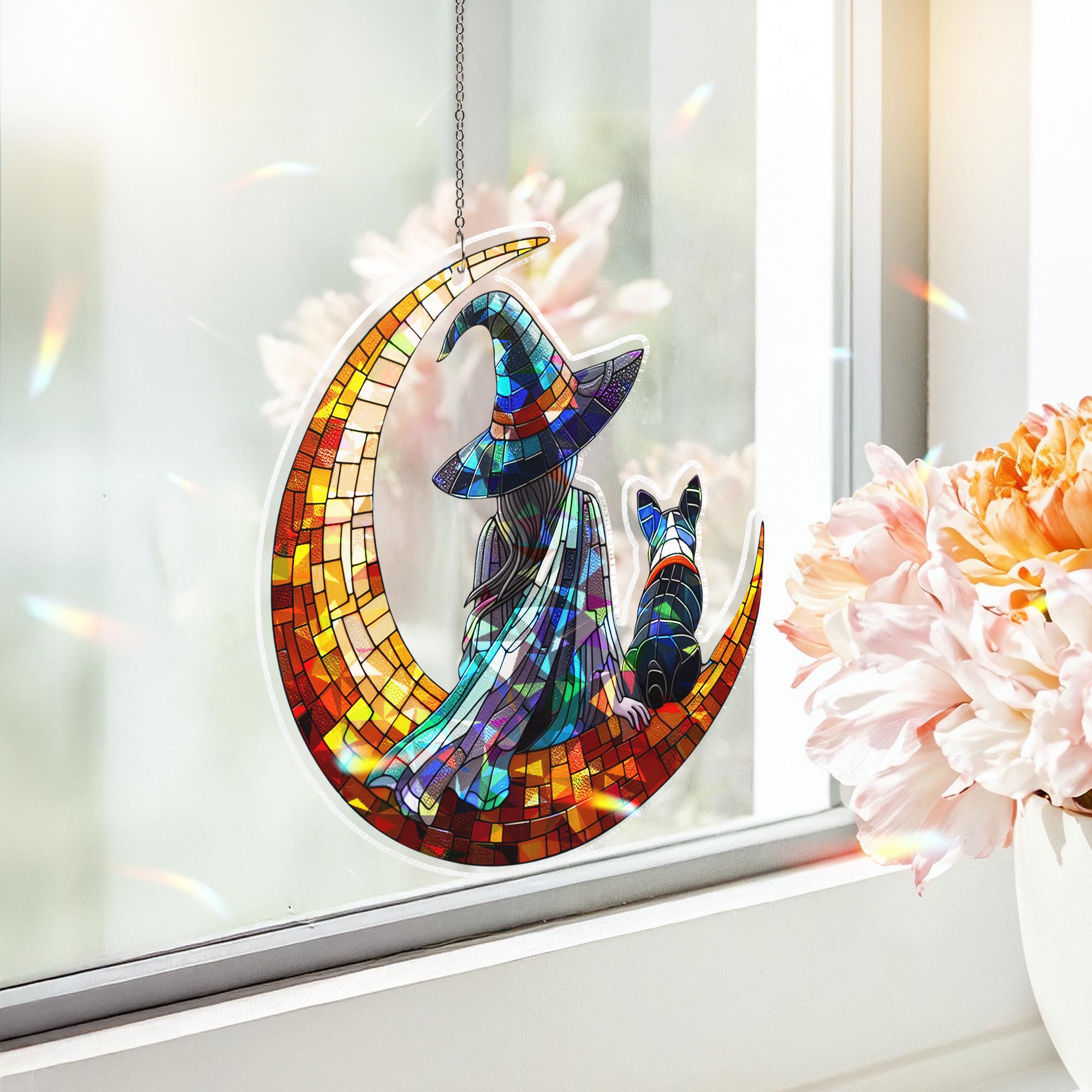 Witch and Boston Terrier Suncatcher, Holographic Moon Acrylic Window Decor, Halloween Dog Lover Gift, Witchy Pet Sun Catcher